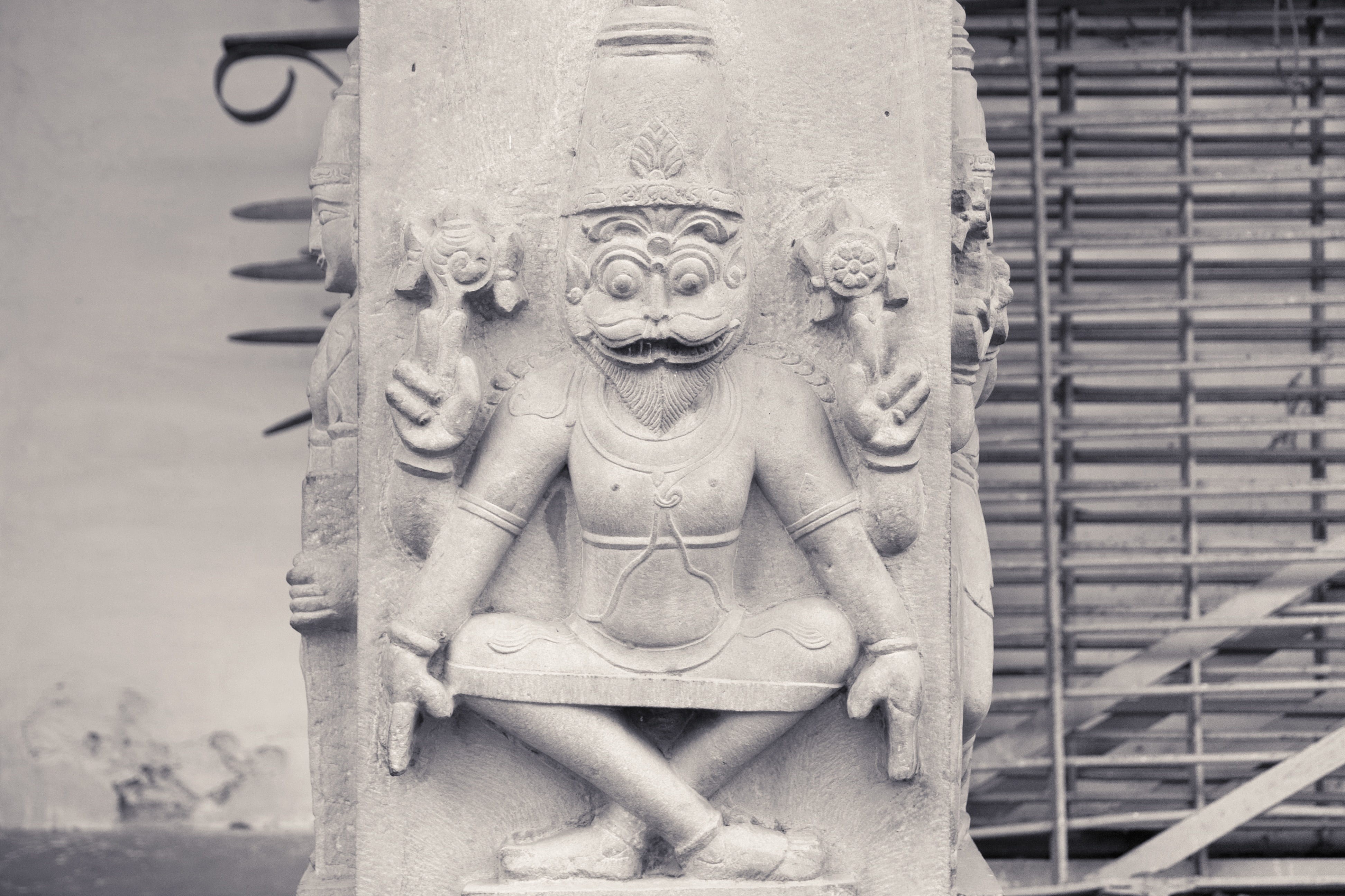 carving - craft product, indian statue on the column, creativity, stone, temple, vrindavan, building, close-up, travel, outdoor, attraction, representation, HD Wallpaper