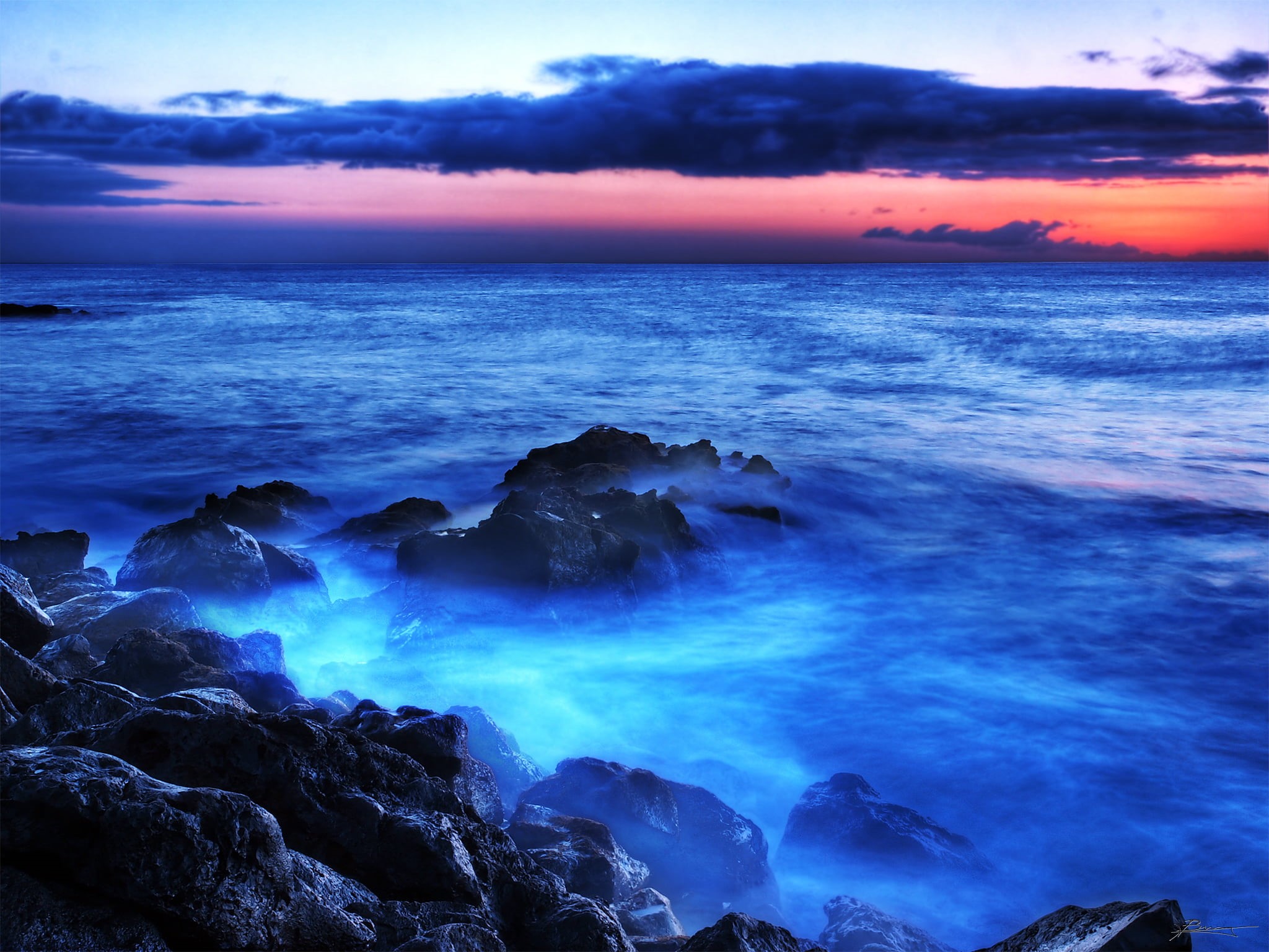outdoors, near, body of water, dusk, mist, north west, blue  glow, west view, sunset, 1080P, water, hawaii, kapaa, landscape, seascape, north  pacific  ocean, HD Wallpaper