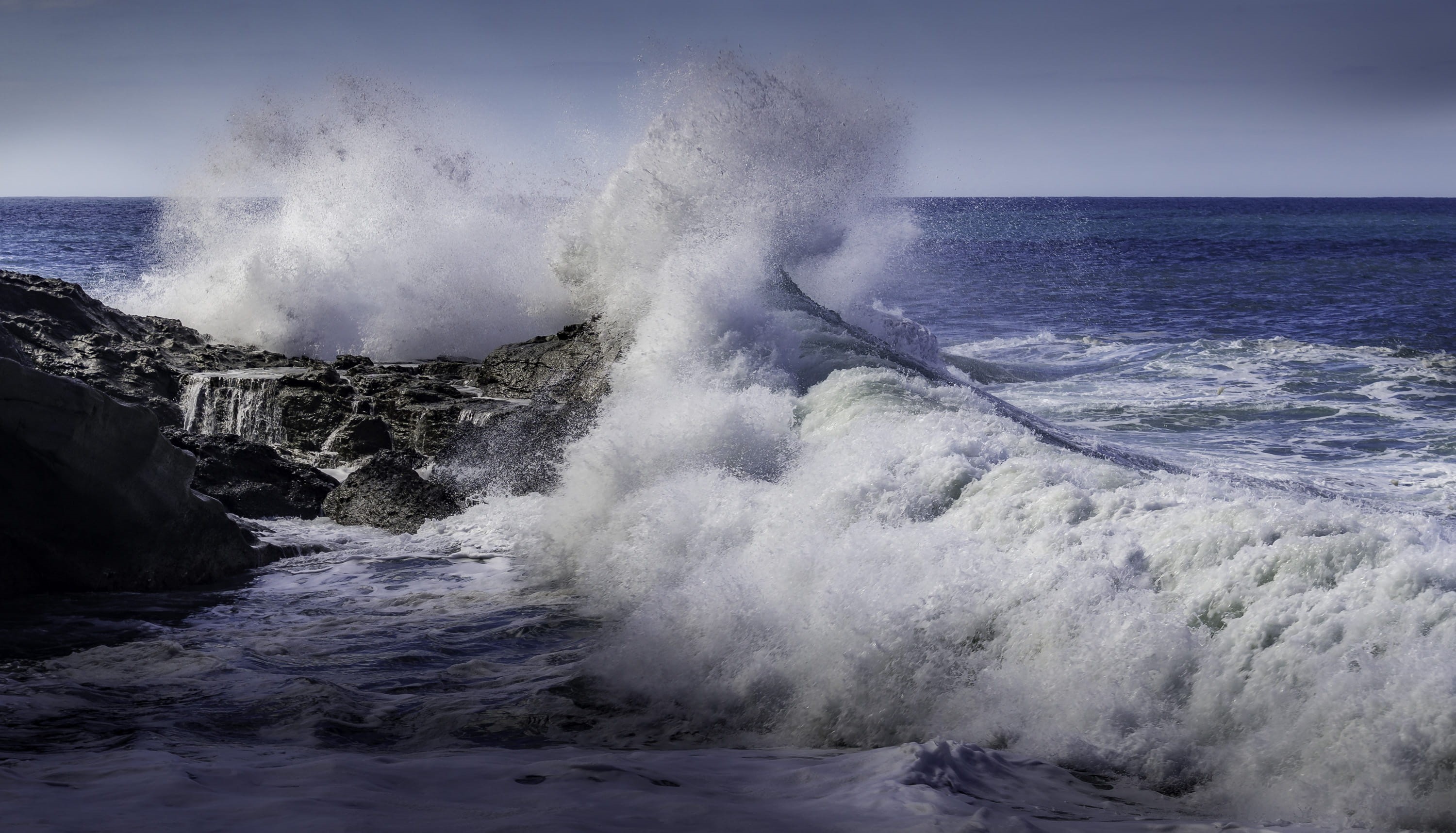 seafoam, hitting, scenic, breaking, sky, 2K, monolith, power, horizon over water, force, wave, beside, seashore, seascape, daylight, beauty in nature, HD Wallpaper