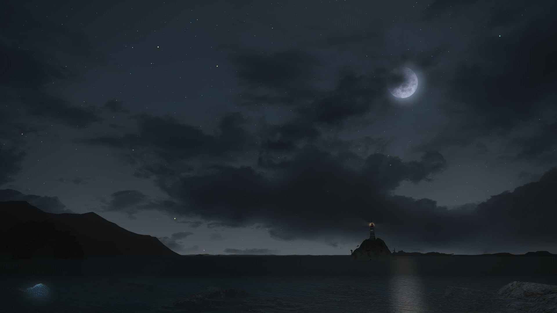 beauty in nature, clouds, digital art, cloud - sky, rock, stars, Moon, star - space, mountain, minimalism, night, nature, reflection, cliff, 1080P, tranquility, HD Wallpaper