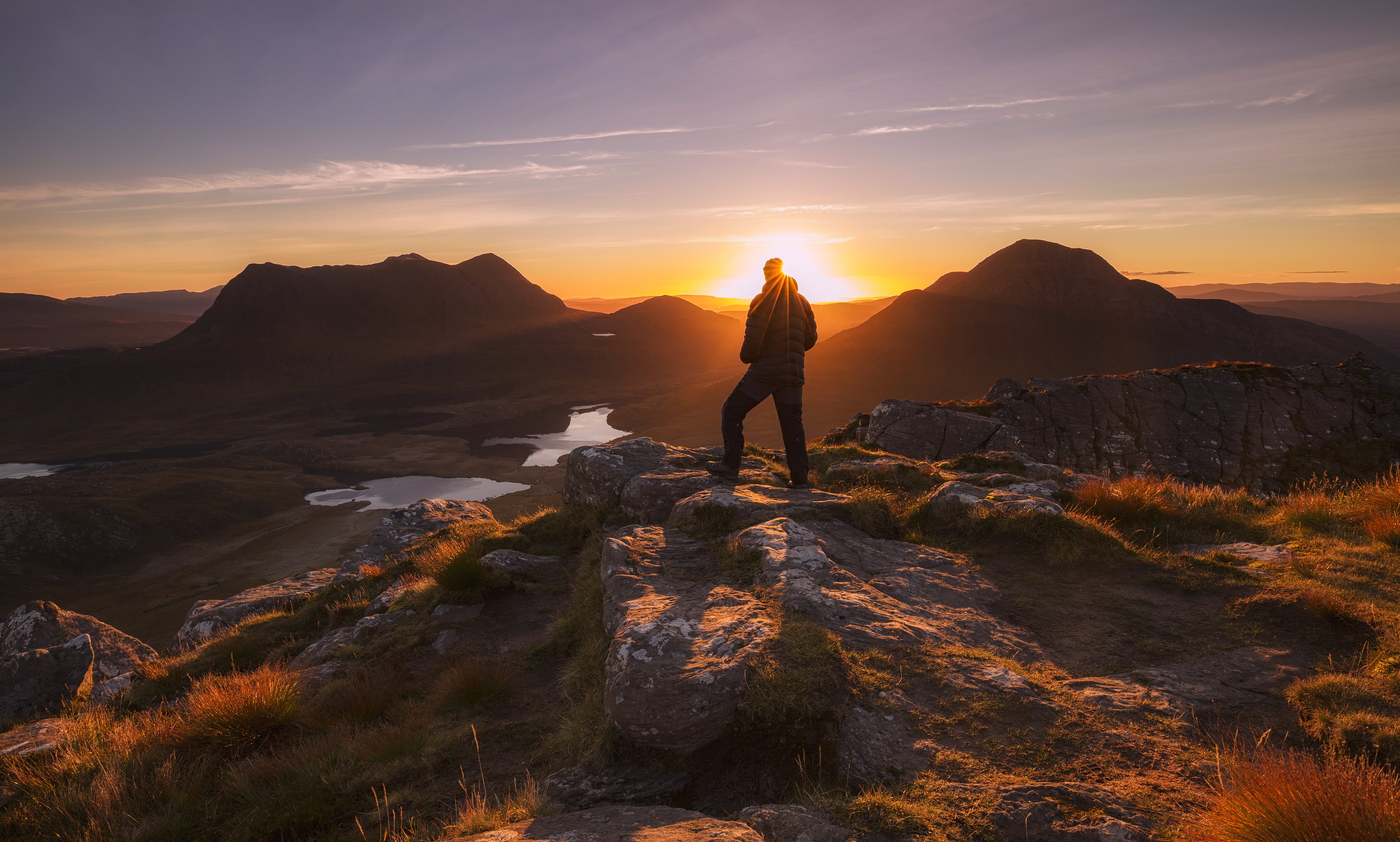 men, sky, mountain, silhouette, people, man, granite, mountain Peak, nature, pants, in Time, f4, USM, standong, sunrise - Dawn, 35mm, Stac Polly, 5K, Cul Beag, HD Wallpaper