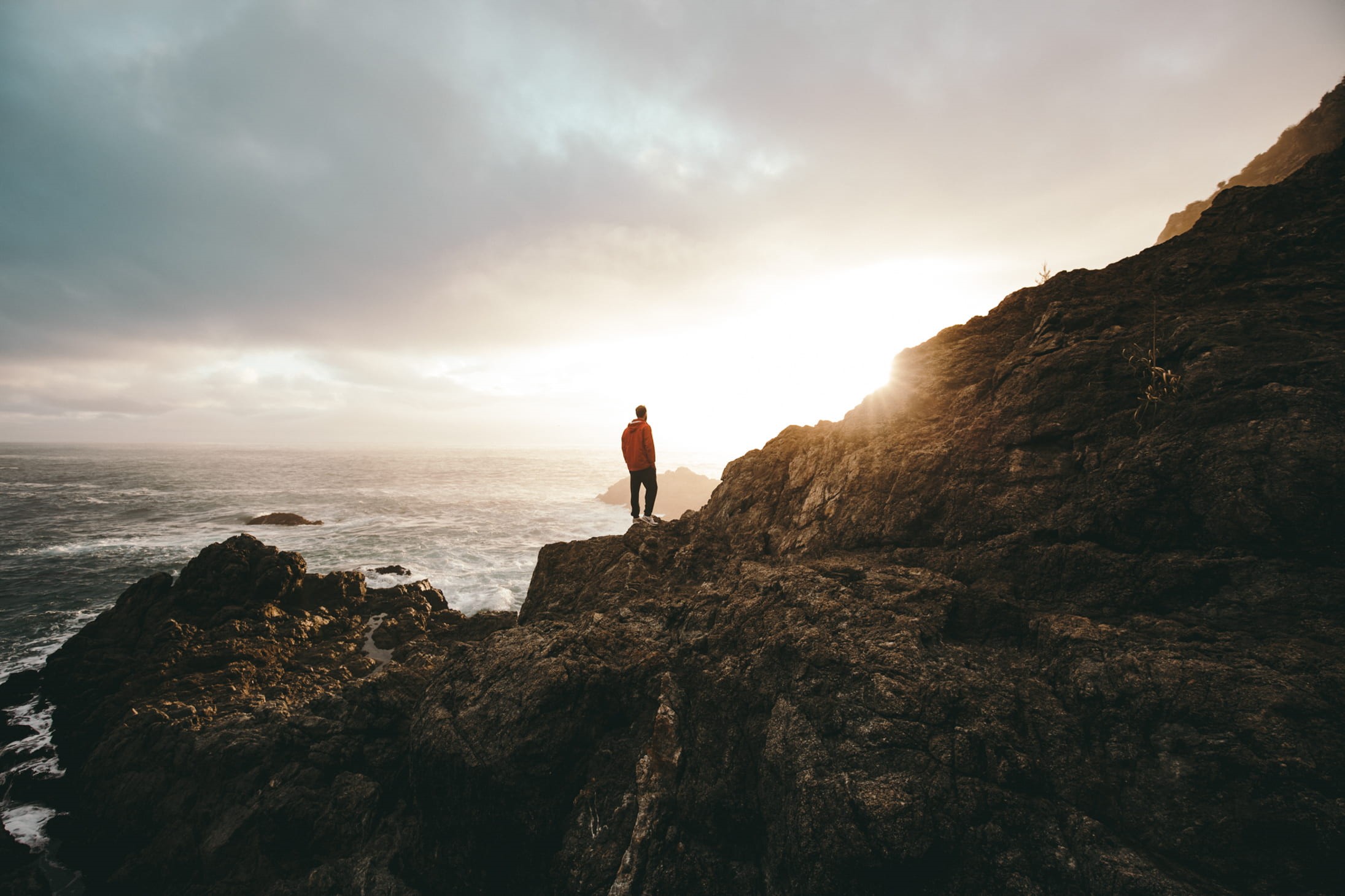 tranquility, standing, sunrise, rock, rain jacket, cloud - sky, solid, jacket, landscape photograph, sky, scenics - nature, lifestyles, sunlight, daytime, HD Wallpaper
