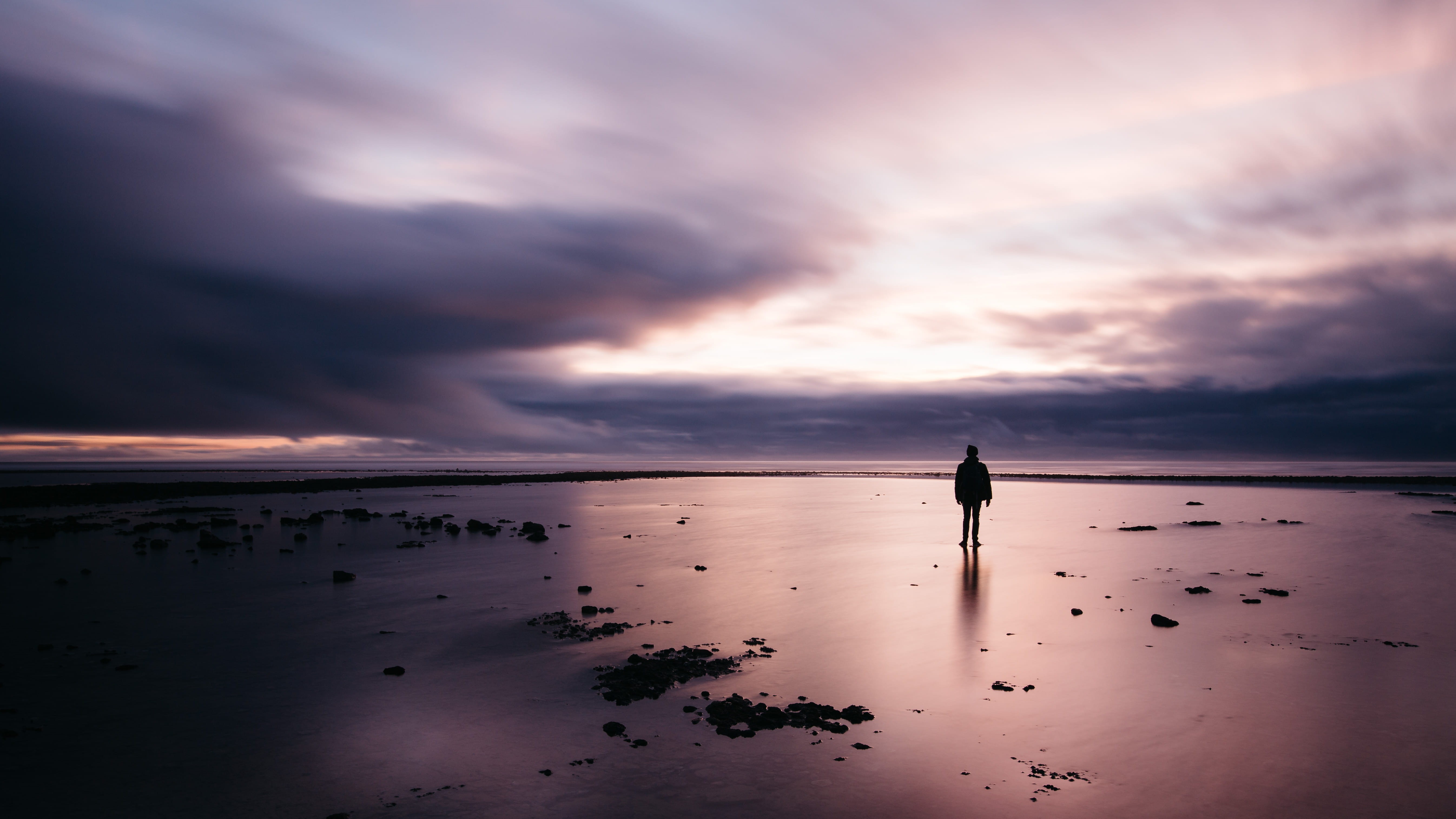 ocean, women, Contemplation, reflection, long exposure, man, people, outdoors, solitude, sandbank, sunrise, sky, stand, dramatic sky, standing, back Lit, HD Wallpaper