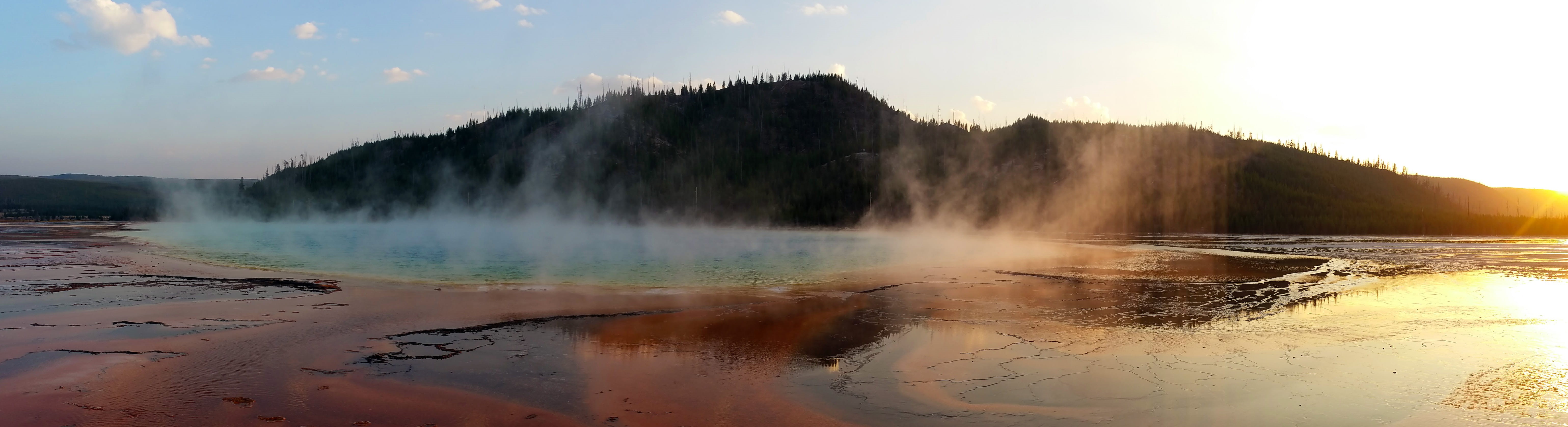 travel destinations, steam, panoramic, cloud - sky, body of water, scenics - nature, body, white, land, brown, hot spring, mountain, water, blue, reflection, HD Wallpaper