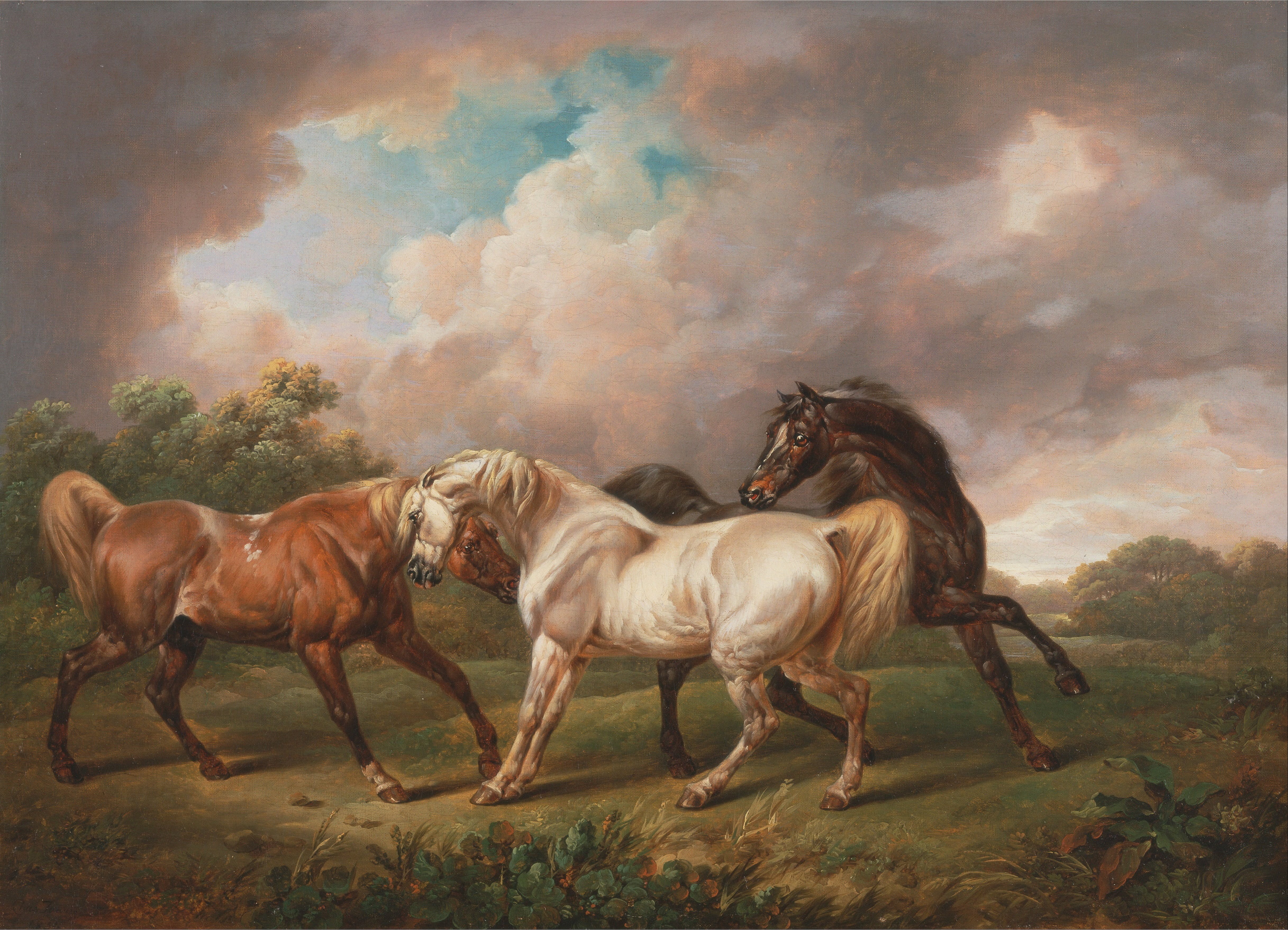 animal wildlife, clouds, sky, 4K, oil on canvas, group of animals, pets, painting, summer, countryside, two animals, domestic animals, nature, field, animal, HD Wallpaper