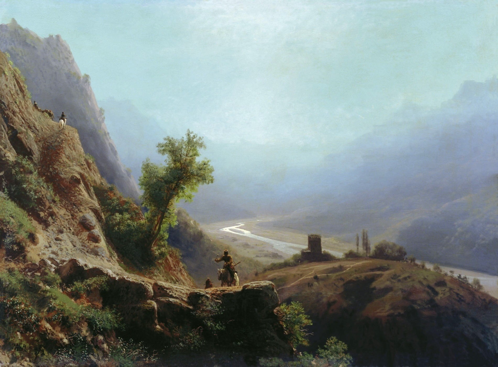 nature, person, art, mountain, sky, trees, tranquility, 720P, clouds, stream, tranquil scene, fog, oil on canvas, scenic, cliff, land, legged, plant, day, HD Wallpaper