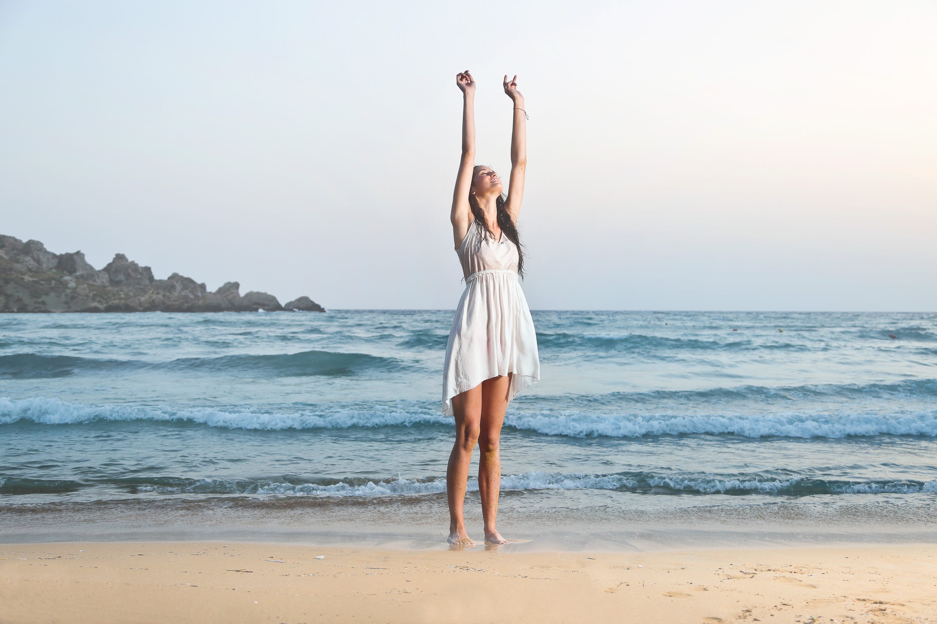 Girl, Sky, women, background, Horizon, relax, wearing, hair, limb, human arm, summer, lifestyle, leisure activity, stretching, smile, trip, vacations, Happy, HD Wallpaper