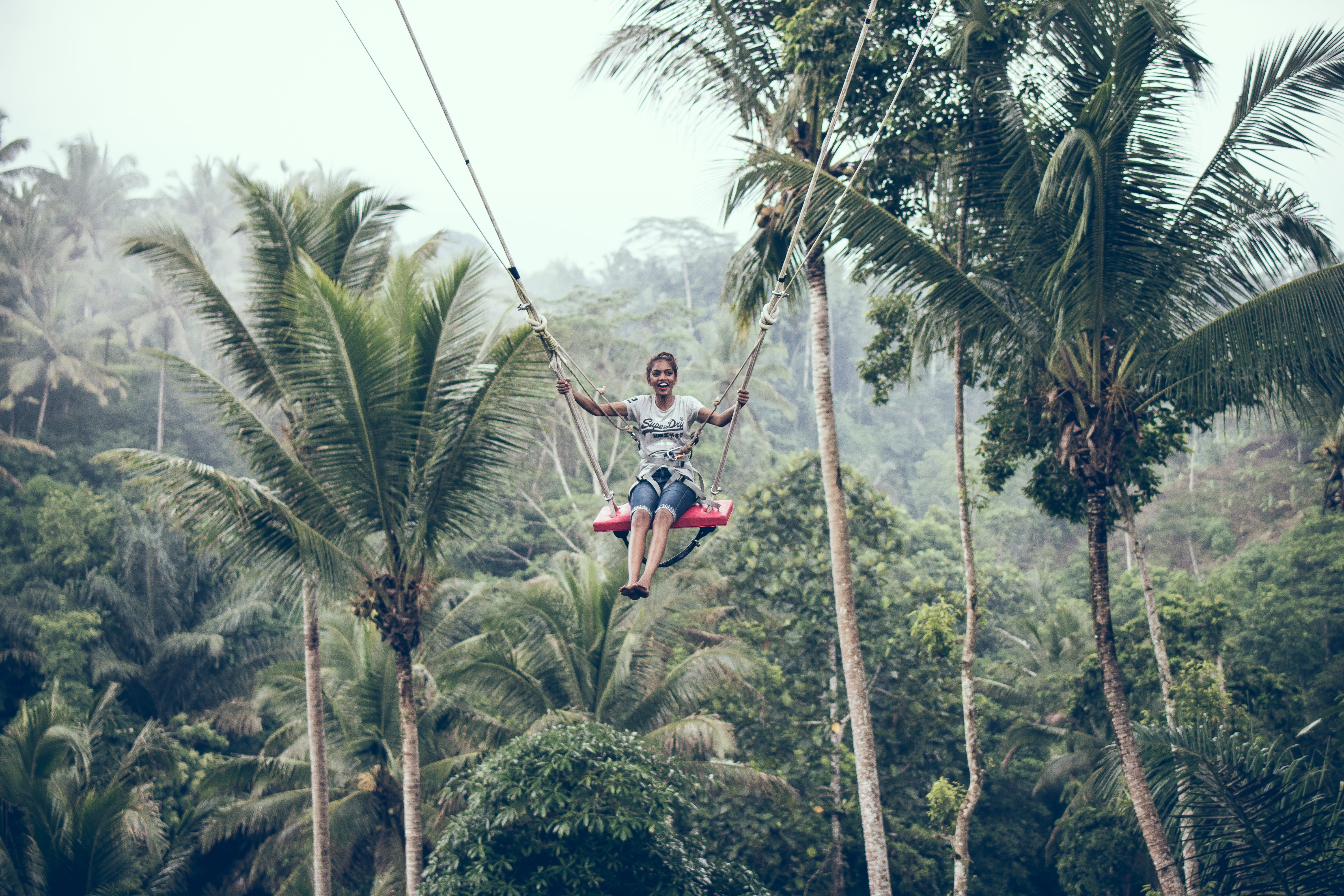 day, beautiful, cliff, lifestyle, shirt, trees, woman, hair, sky, jungle, rope, female, forest, one person, nature, palm trees, beauty in nature, lifestyles, HD Wallpaper