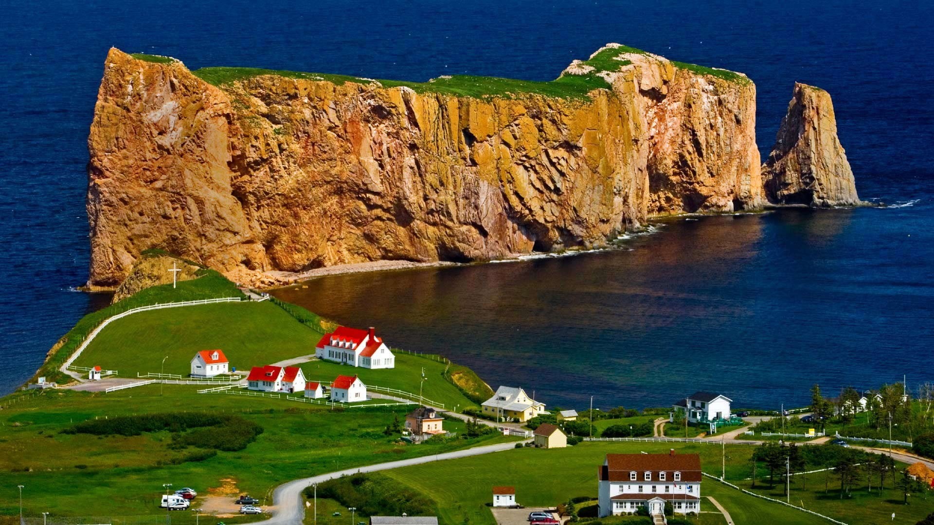 building, plant, architecture, building exterior, mountain, Canada, landscape, grass, sea, Percé, 1080P, water, scenics - nature, formation, rock - object, HD Wallpaper