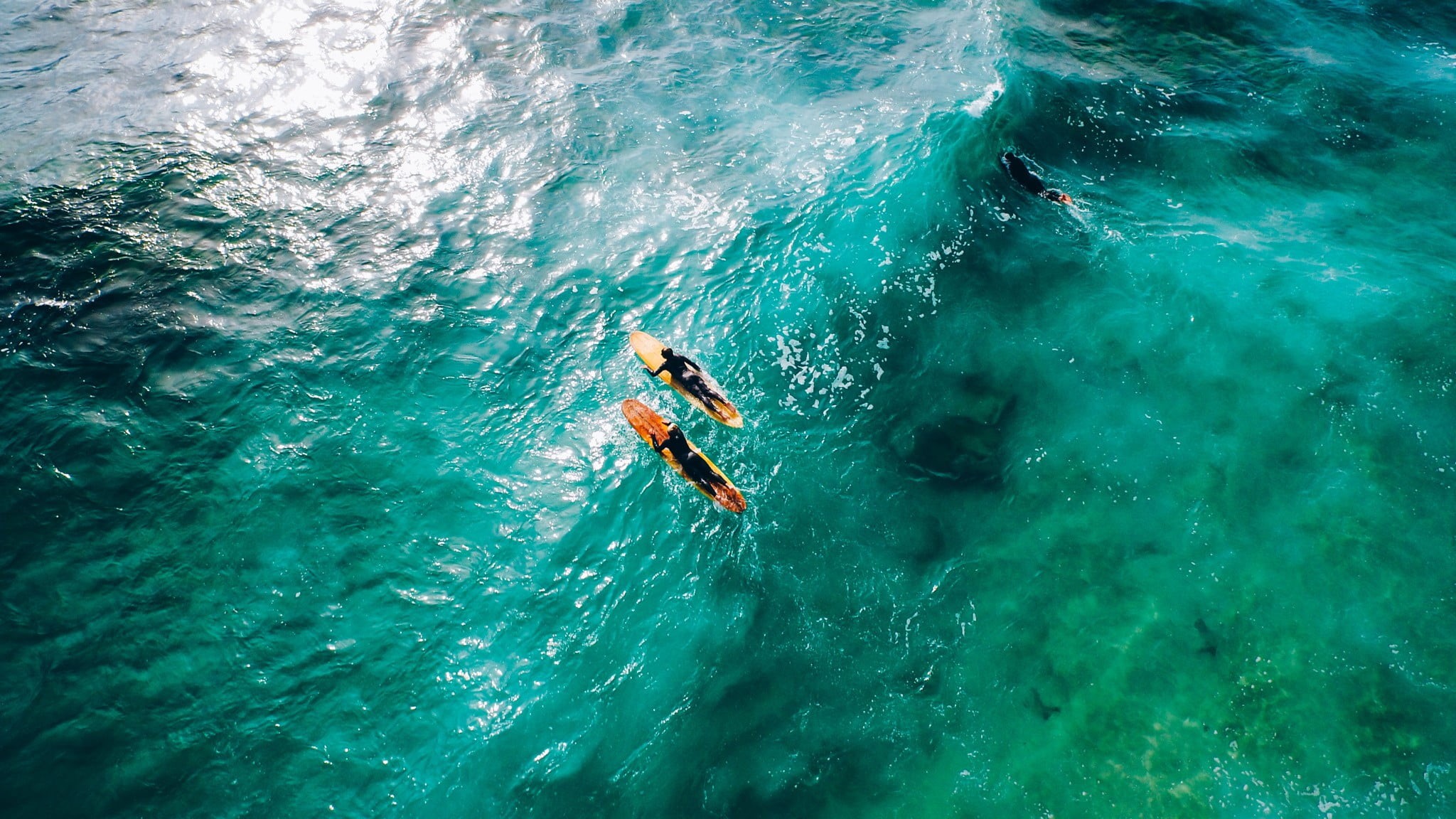 outdoors, surfboards, leisure activity, orange, high angle view, snorkeling, two, aquatic sport, lifestyles, surfing, people, beauty in nature, turquoise colored, HD Wallpaper