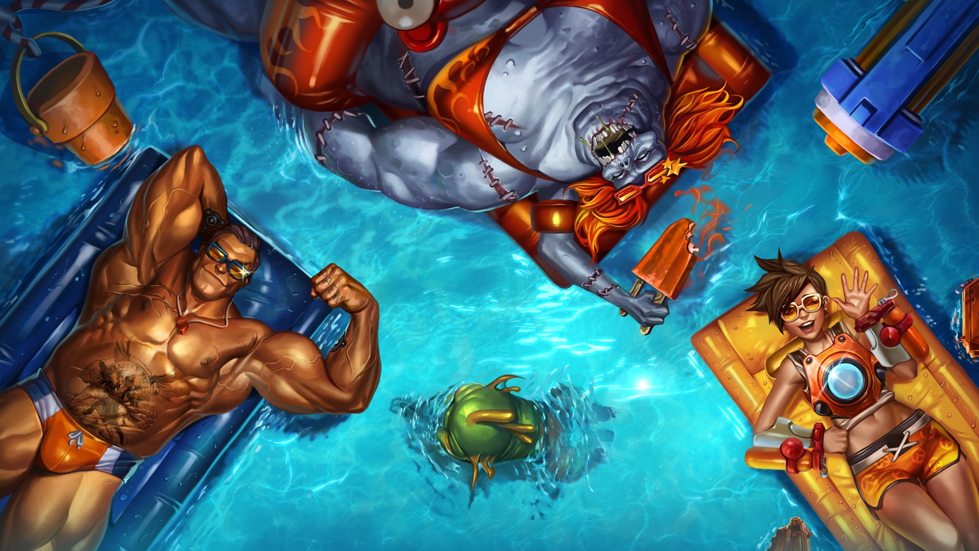 1080P, Overwatch, sea, swimming, Tychus Findlay, underwater, nature, Tracer (Overwatch), floating on water, leisure activity, lifestyles, holiday, swimming pool, HD Wallpaper