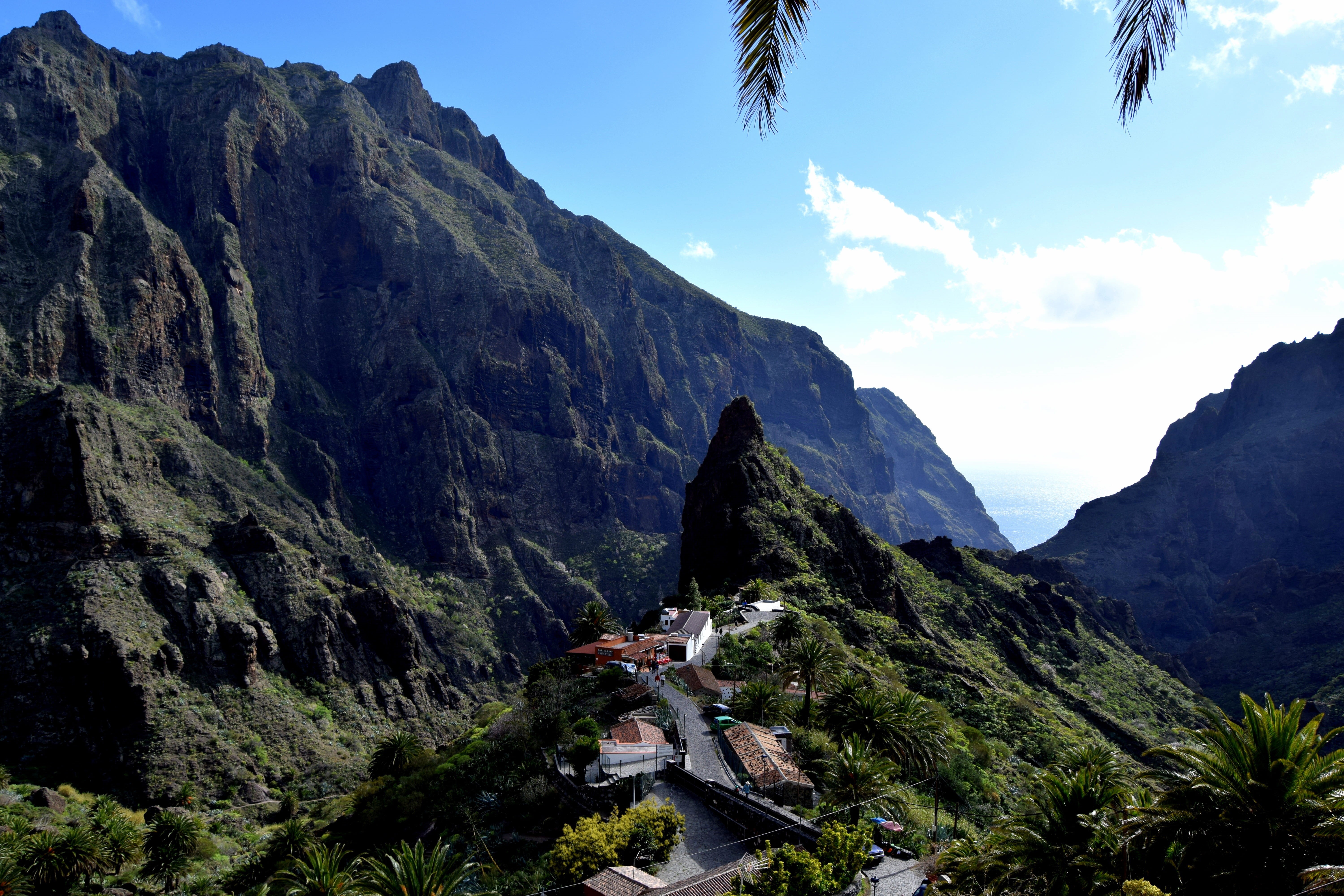 architecture, tranquility, building exterior, outlook, tenerife, outdoors, building, mountain, tree, masca ravine, sky, 5K, cloud - sky, scenics - nature, HD Wallpaper