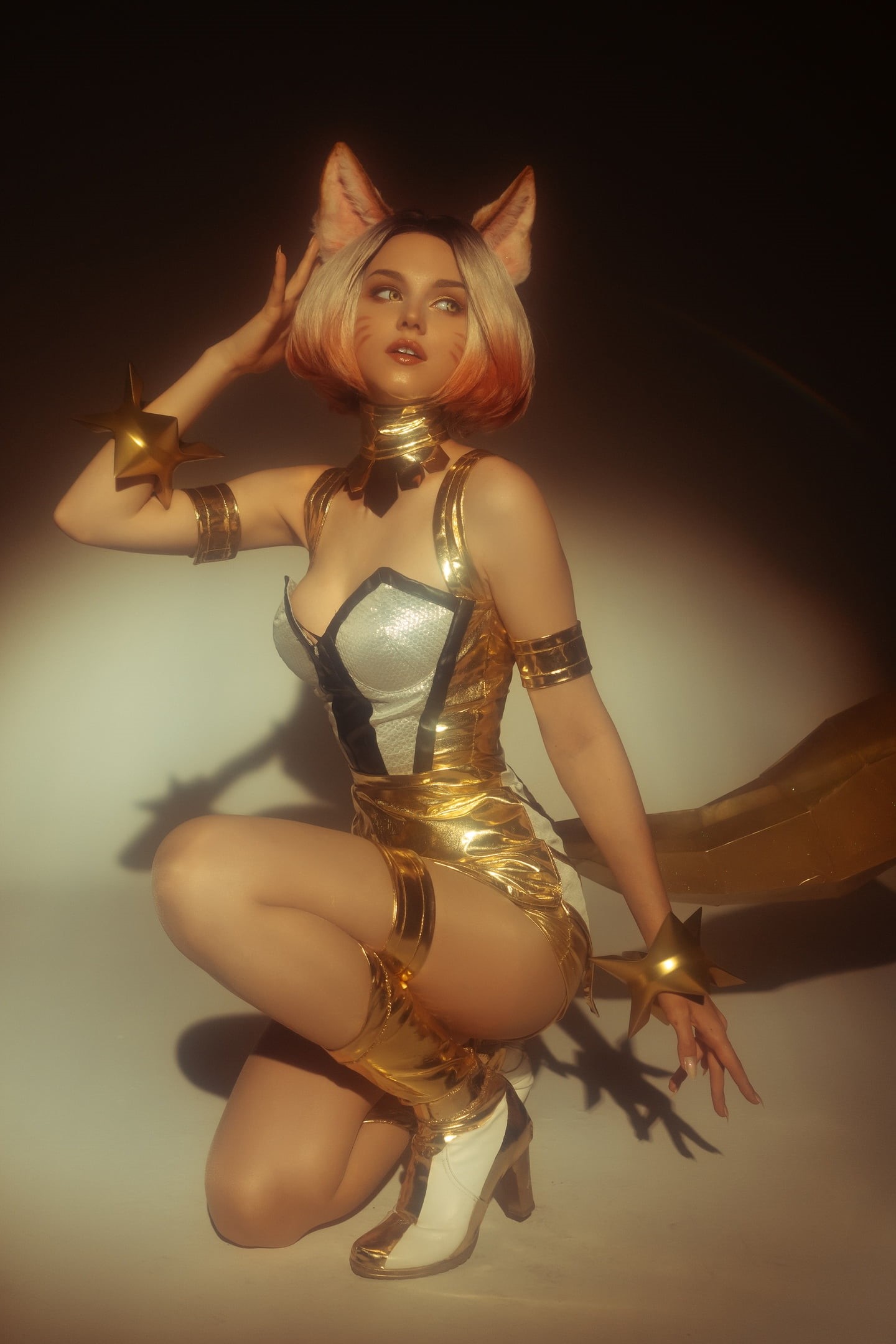 short hair, women indoors, cosplay, women, video game girls, indoors, legs, KDA Ahri, thighs, video game characters, parted lips, 1080P, animal ears, Ahri (League of Legends), Phone HD Wallpaper