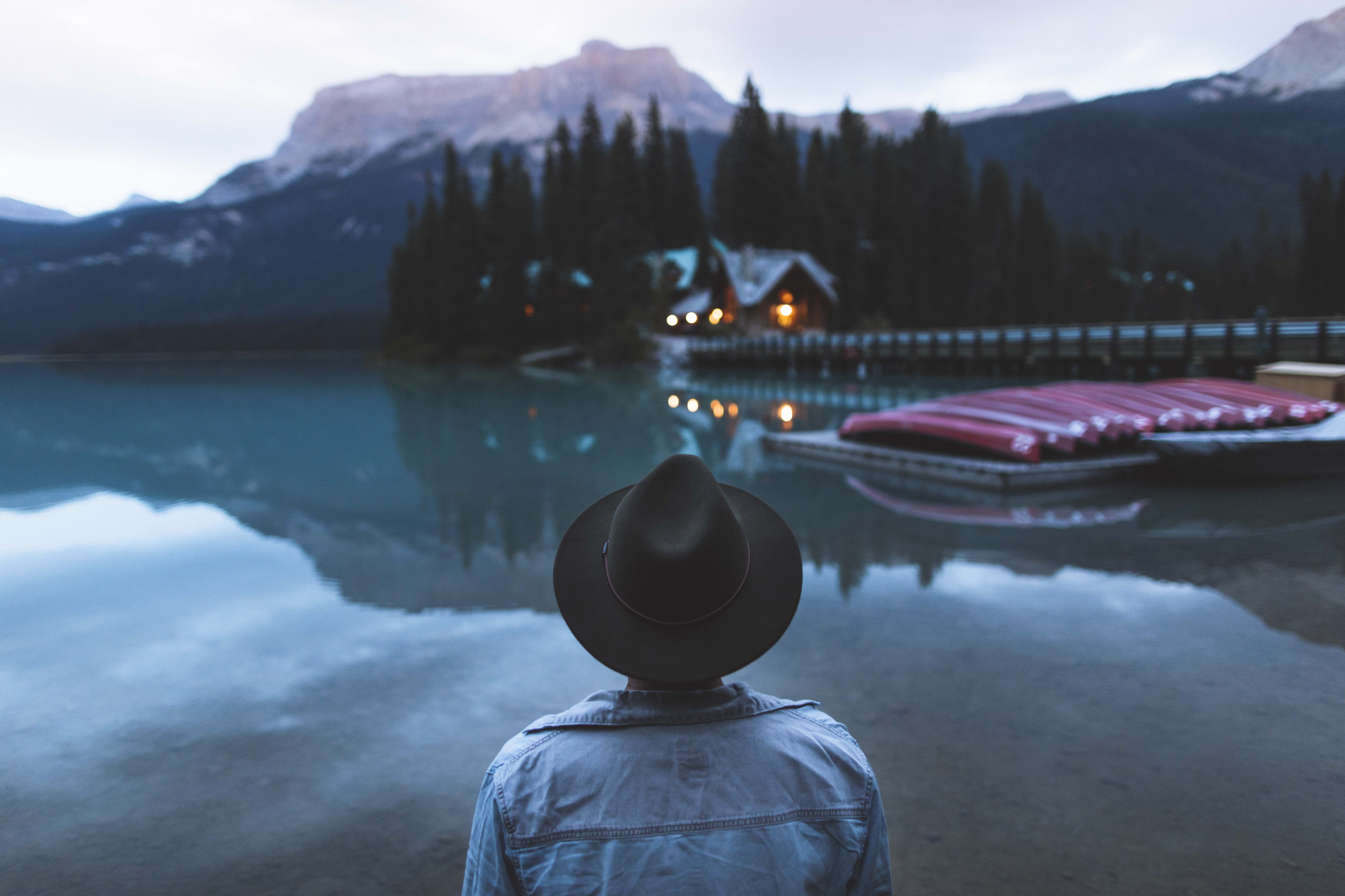 dock, plant, 5K, looking, standing, green, man, looking out, tranquil scene, moraine, adventure, reflection, wander, cabin, wanderlust, non-urban scene, HD Wallpaper