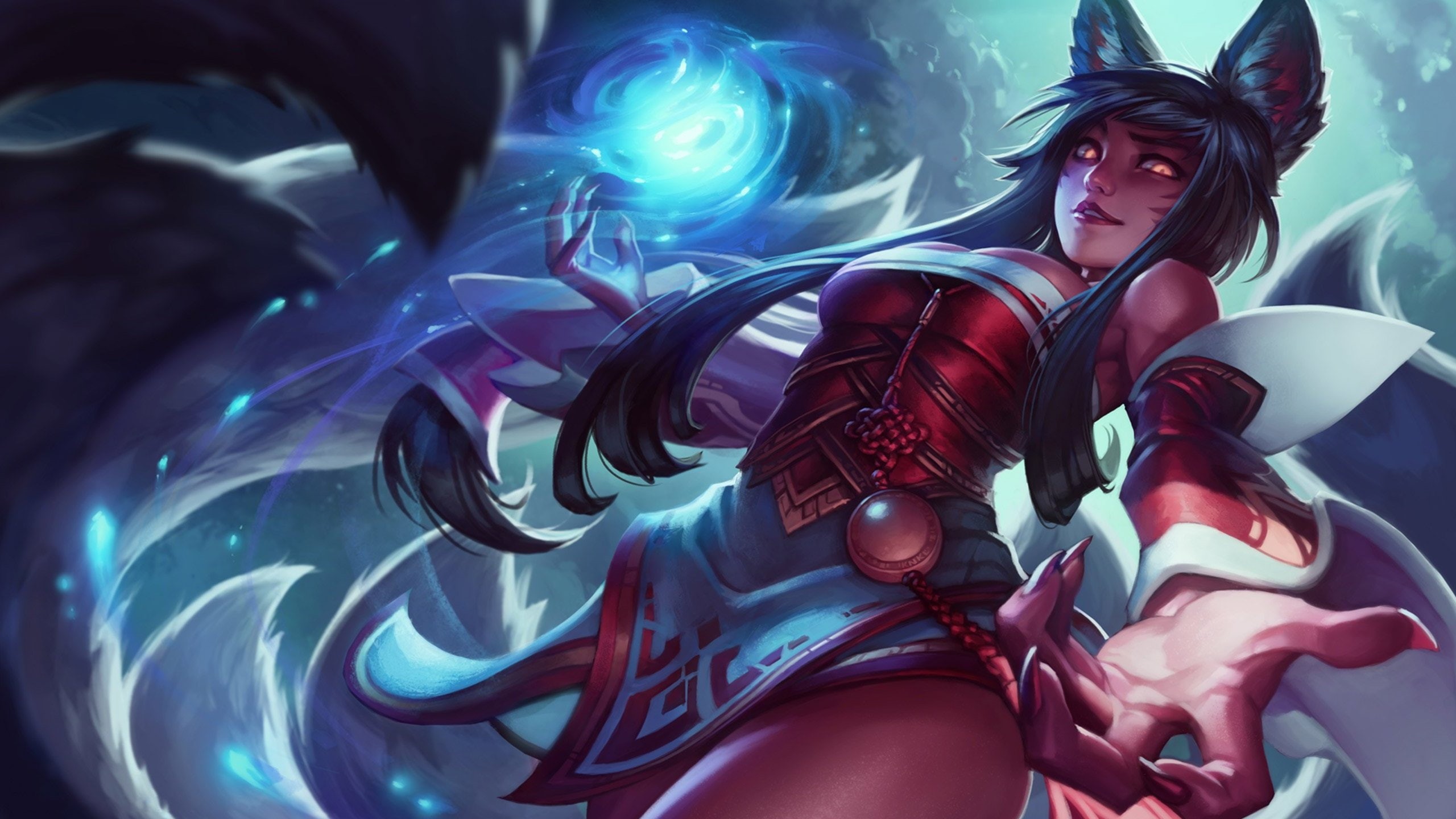 high, 2K, league, deception, fox, charm, quality, art, fantasy, tailed, legends, orb, abilities, ahri, rush, spirit, fire, nine, HD Wallpaper