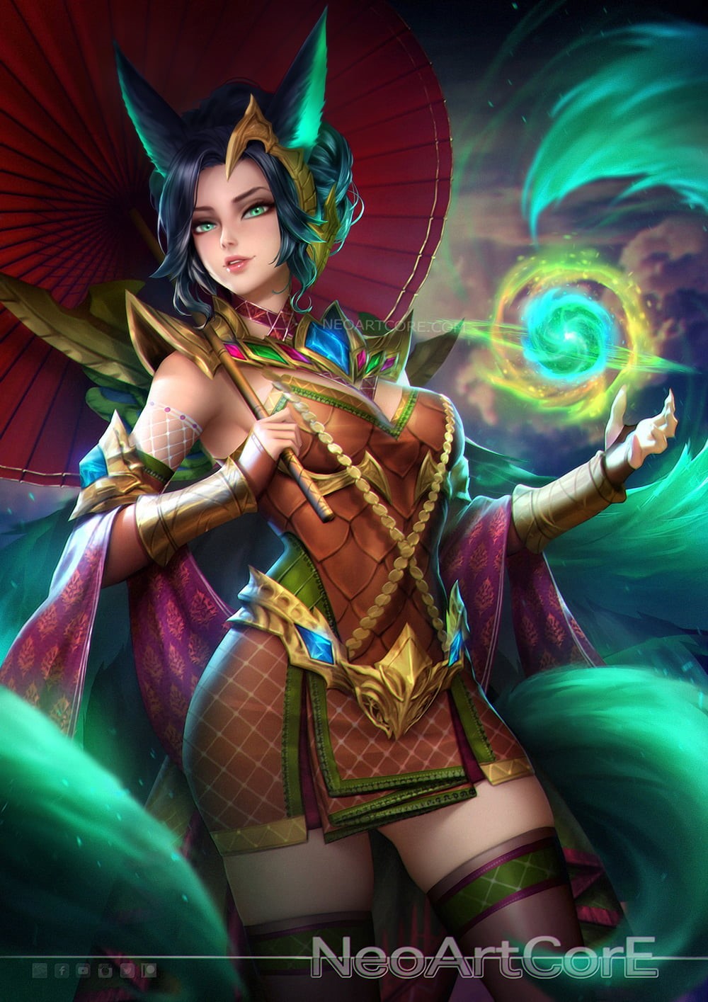 nine tails, Ahri, umbrella, drawing, orb, NeoArtCorE (artist), magic, 720P, dress, animal ears, League of Legends, green eyes, women, Phone HD Wallpaper