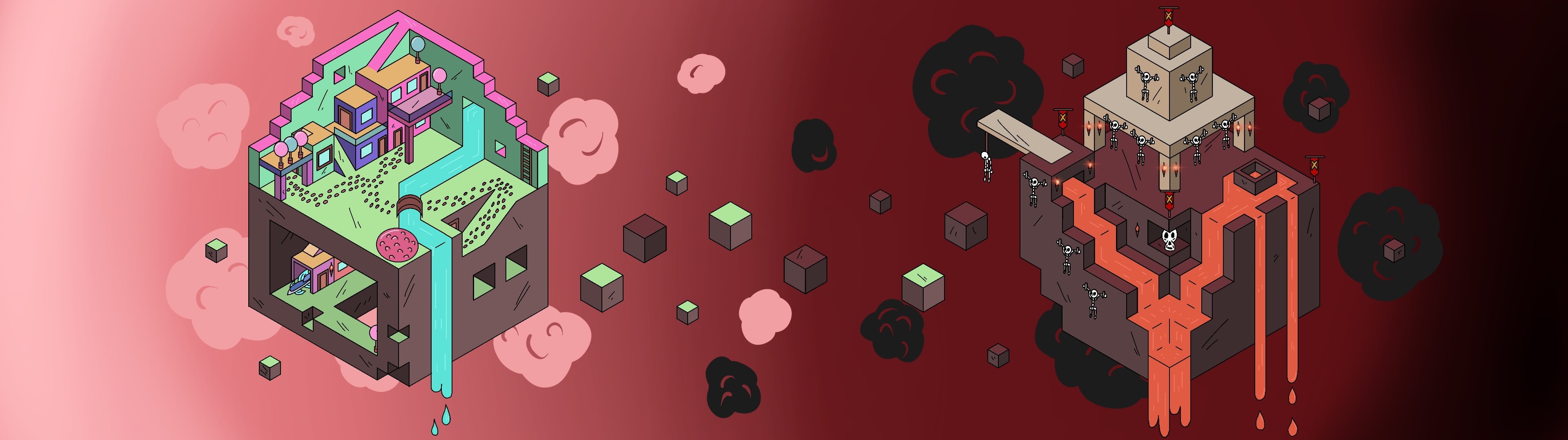 fantasy architecture, 4K, 3D Blocks, dark, minimalism, evil, island, waterfall, lava, pirates, skeleton, clouds, HD Wallpaper