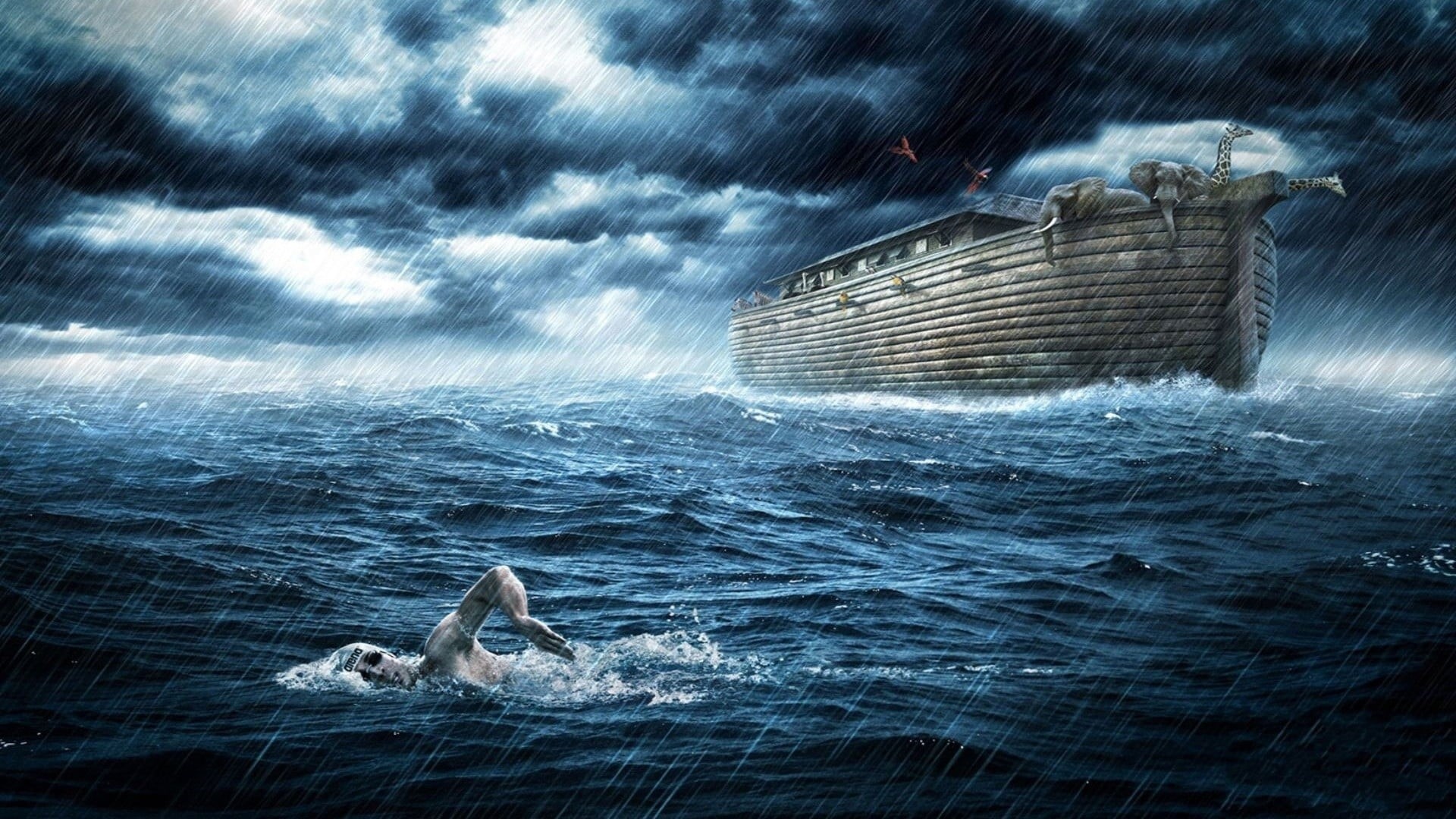 rain, artwork, water, illustration, animal, motion, nature, arc, animals in the wild, underwater, splashing, Noahs Ark, elephant, one animal, digital art, HD Wallpaper