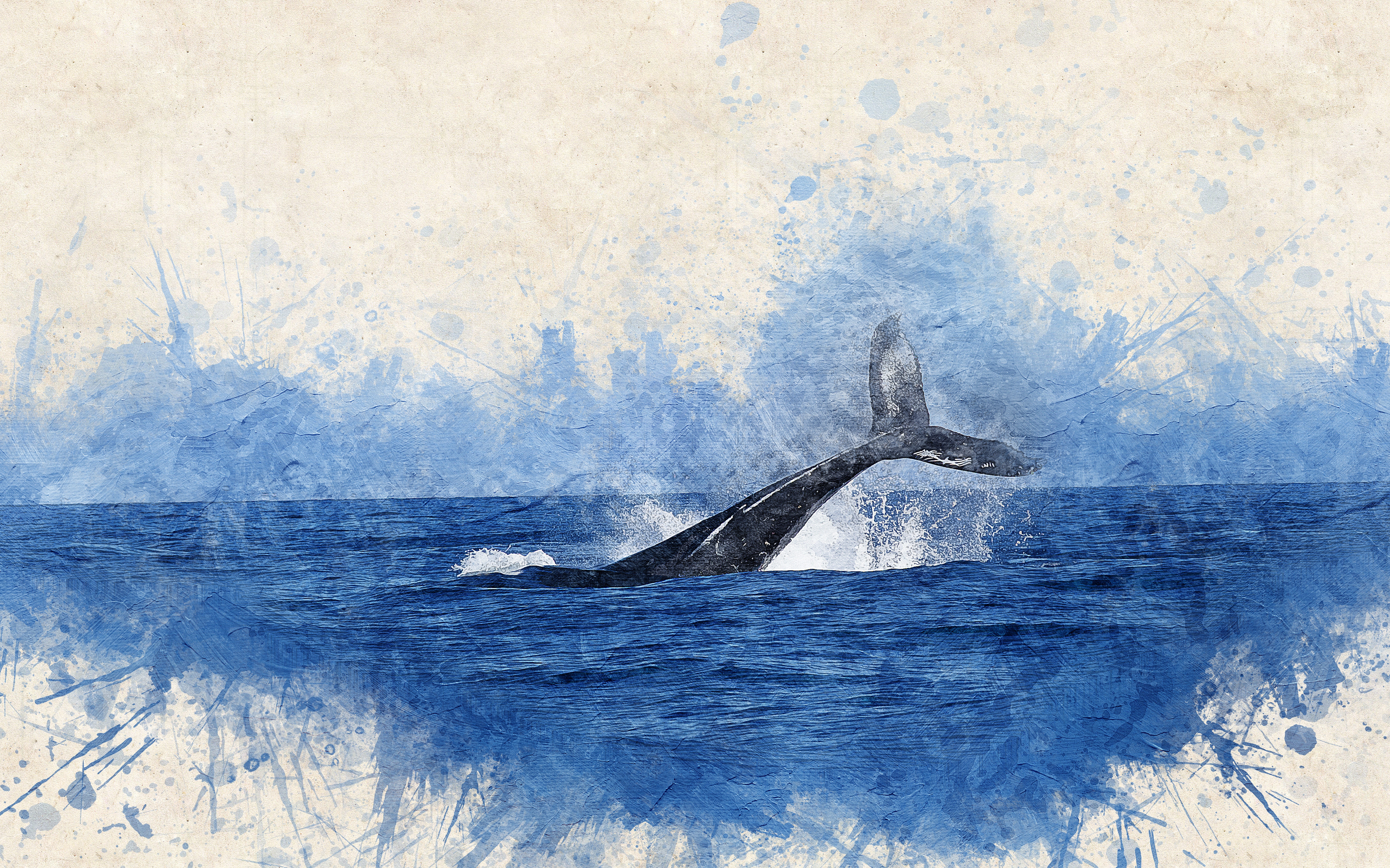 one animal, no people, animal, vertebrate, underwater, day, mammal, sea, painting, marine, nature, whale, waterfront, tail fin, watercolor, animal themes, HD Wallpaper