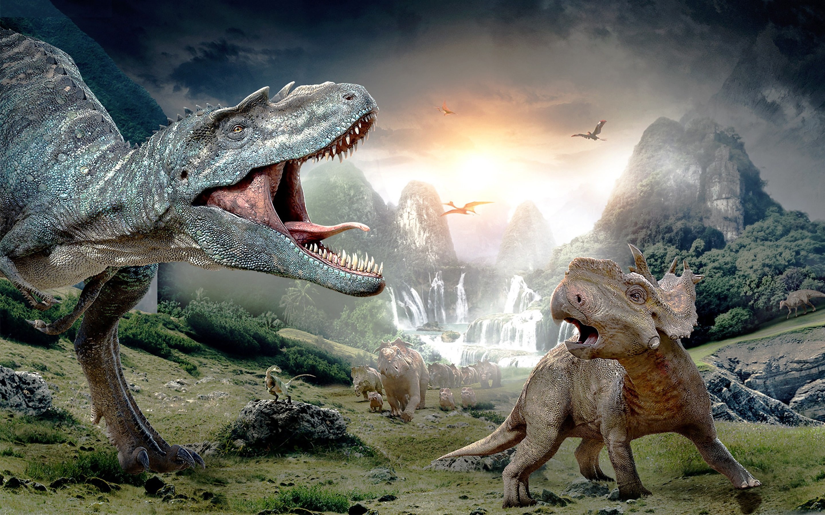 animal representation, 2K, waterfall, carnivore, power, wildlife, pterodactyls, extinct, creativity, digital composite, died Out, mountains, animal themes, HD Wallpaper