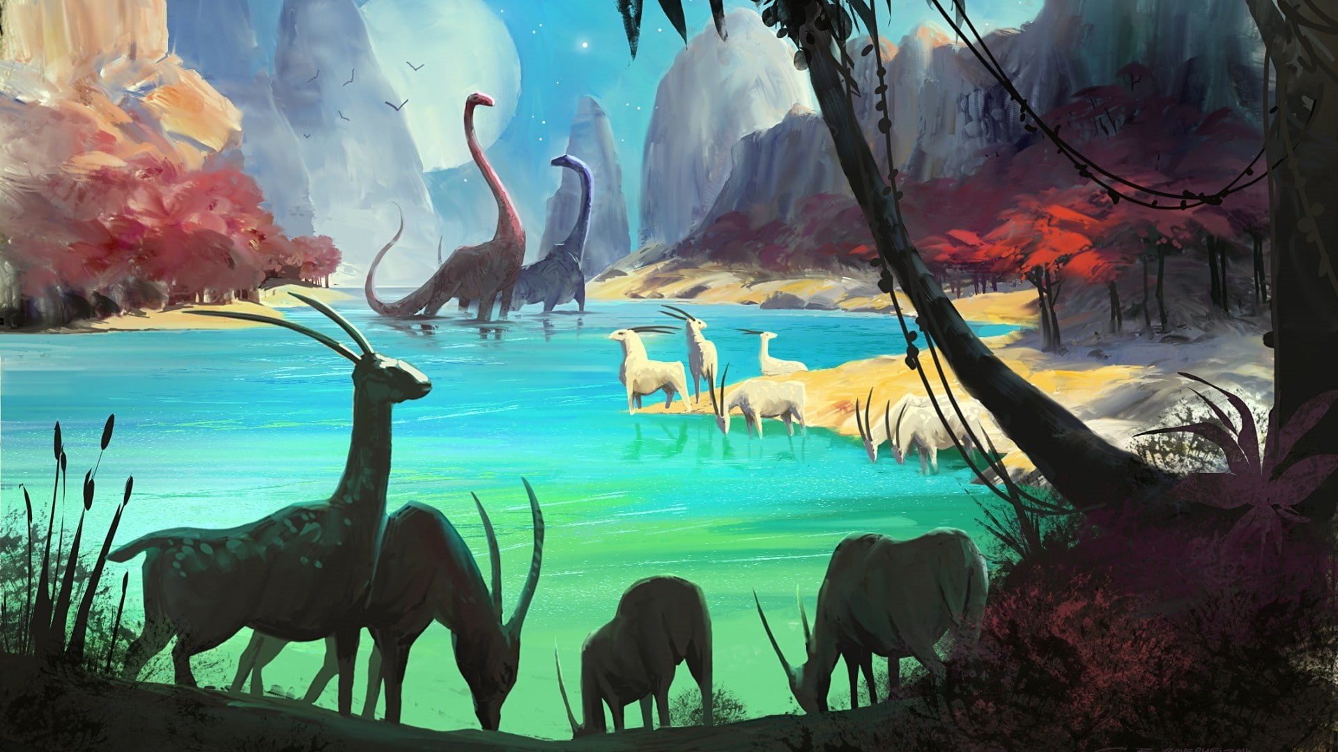 digital art  nature  wildlife  lake  dinosaurs  fantasy art  animals  prehistoric  concept art  video games  landscape  horns  trees  deer  lianas  No Mans Sky  forest, HD Wallpaper