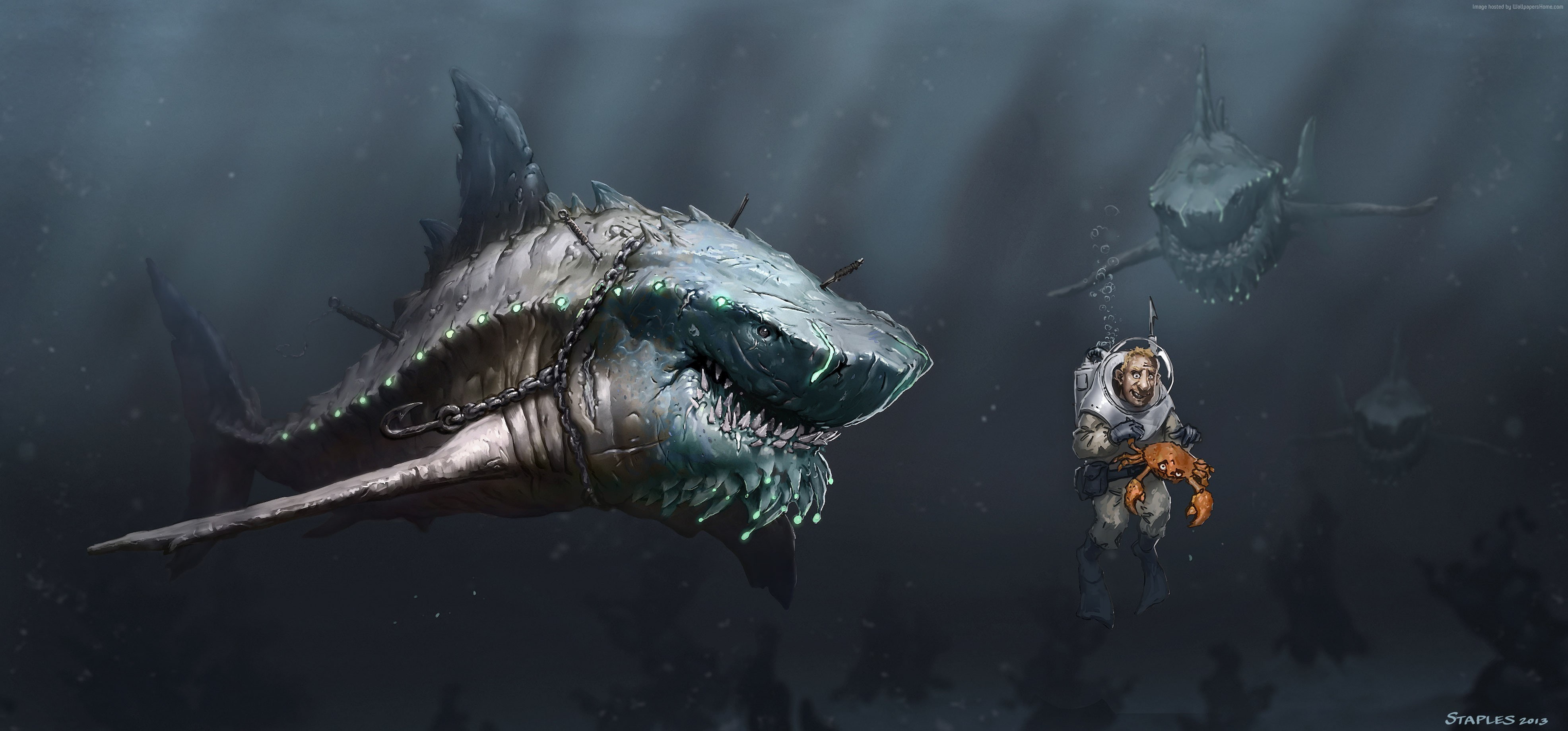 Megalodon, art, 4K, shark, HD Wallpaper