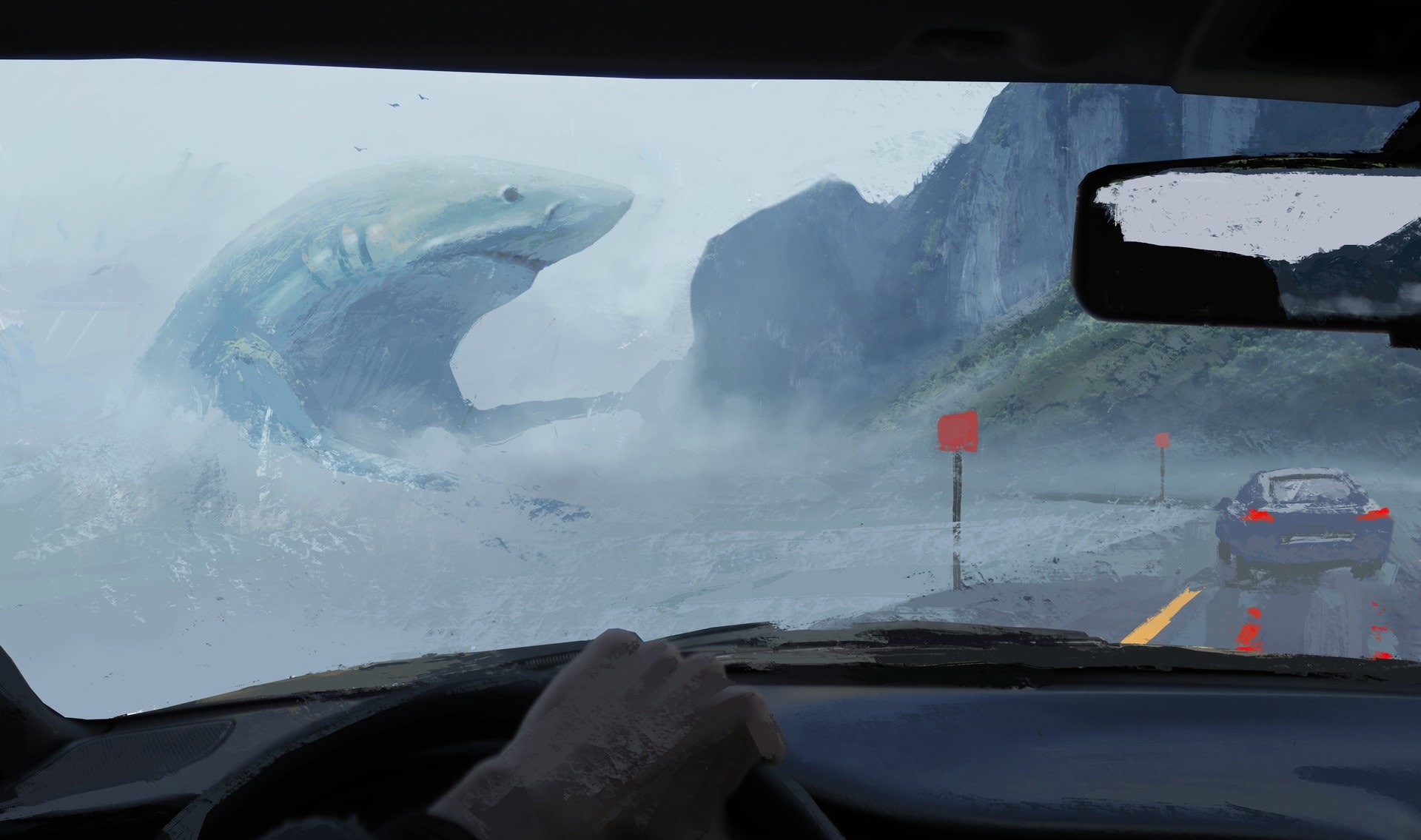 sea, fantasy art, artwork, car interior, animals, shark, road, car, painting, megalodon, 1080P, digital art, HD Wallpaper