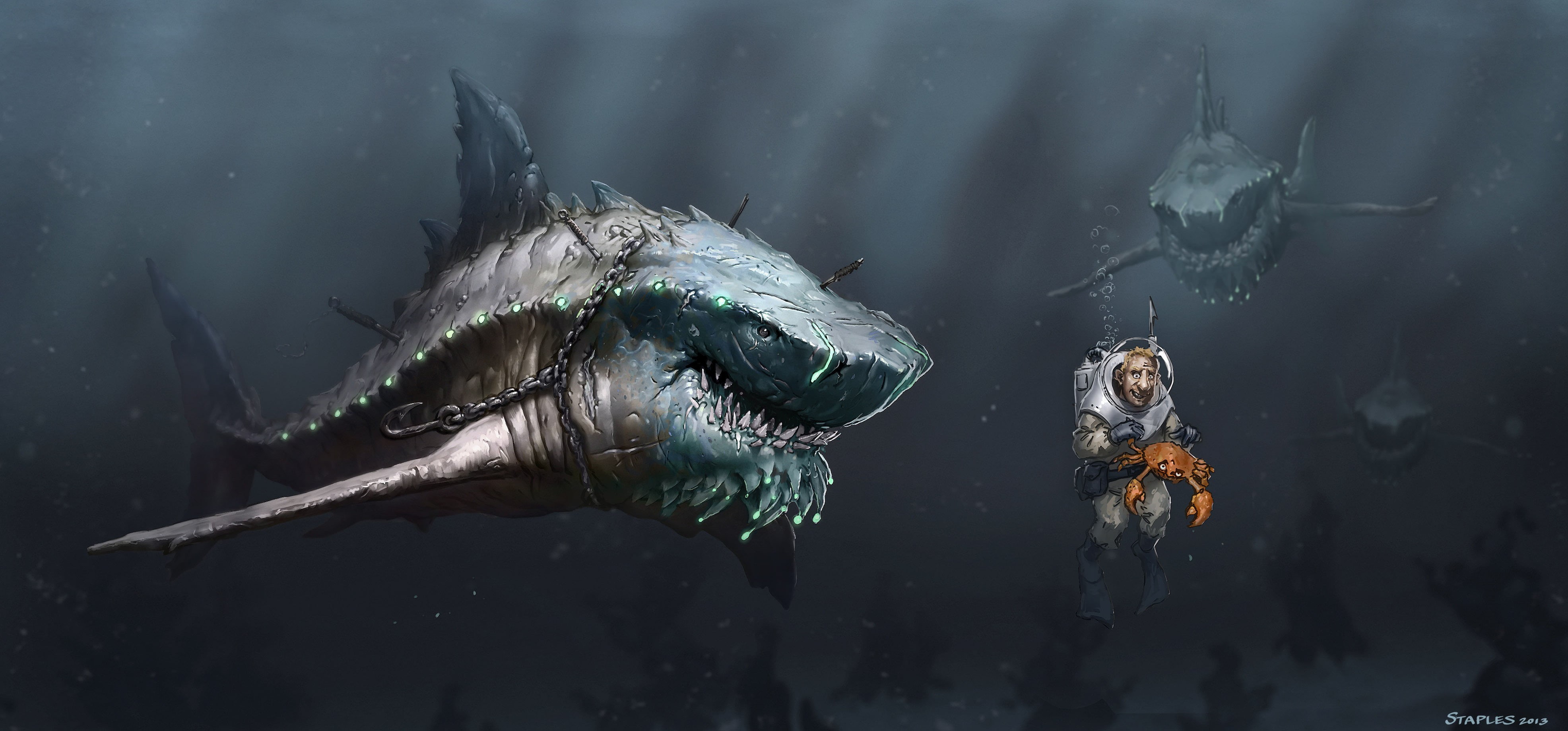 wildlife, illustration, nature, people, hunger, water, sharks, vertebrate, chain, marine, animal Teeth, blue, animals in the wild, under water, carnivore, HD Wallpaper