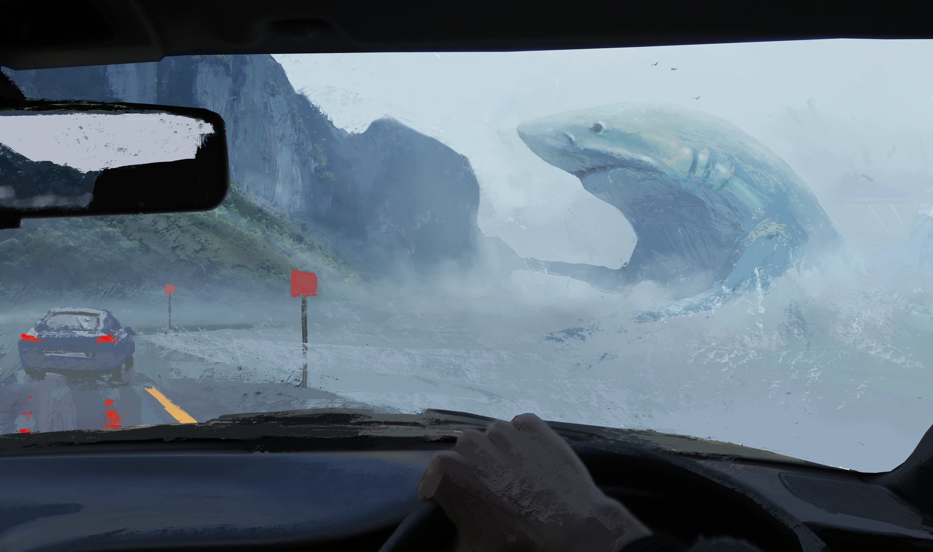 motor vehicle, water, 1080P, fantasy Art, day, Megalodon, artwork, digital art, land vehicle, outdoors, glass - material, Car Interior, animals, sea, transparent, HD Wallpaper