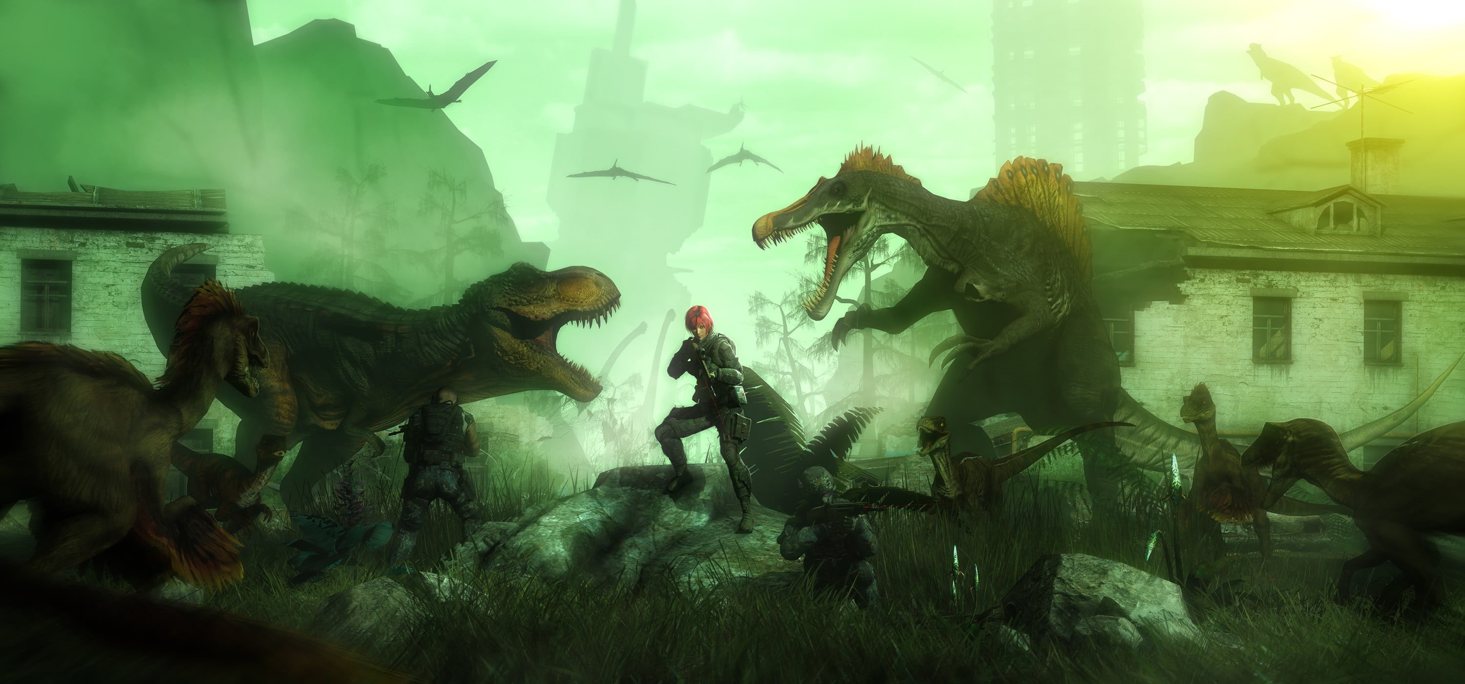 representation, mouth open, Dino Crisis, animal wildlife, architecture, nature, glass - material, Tyrannosaurus rex, dinosaurs, group of animals, 2K, digital composite, HD Wallpaper