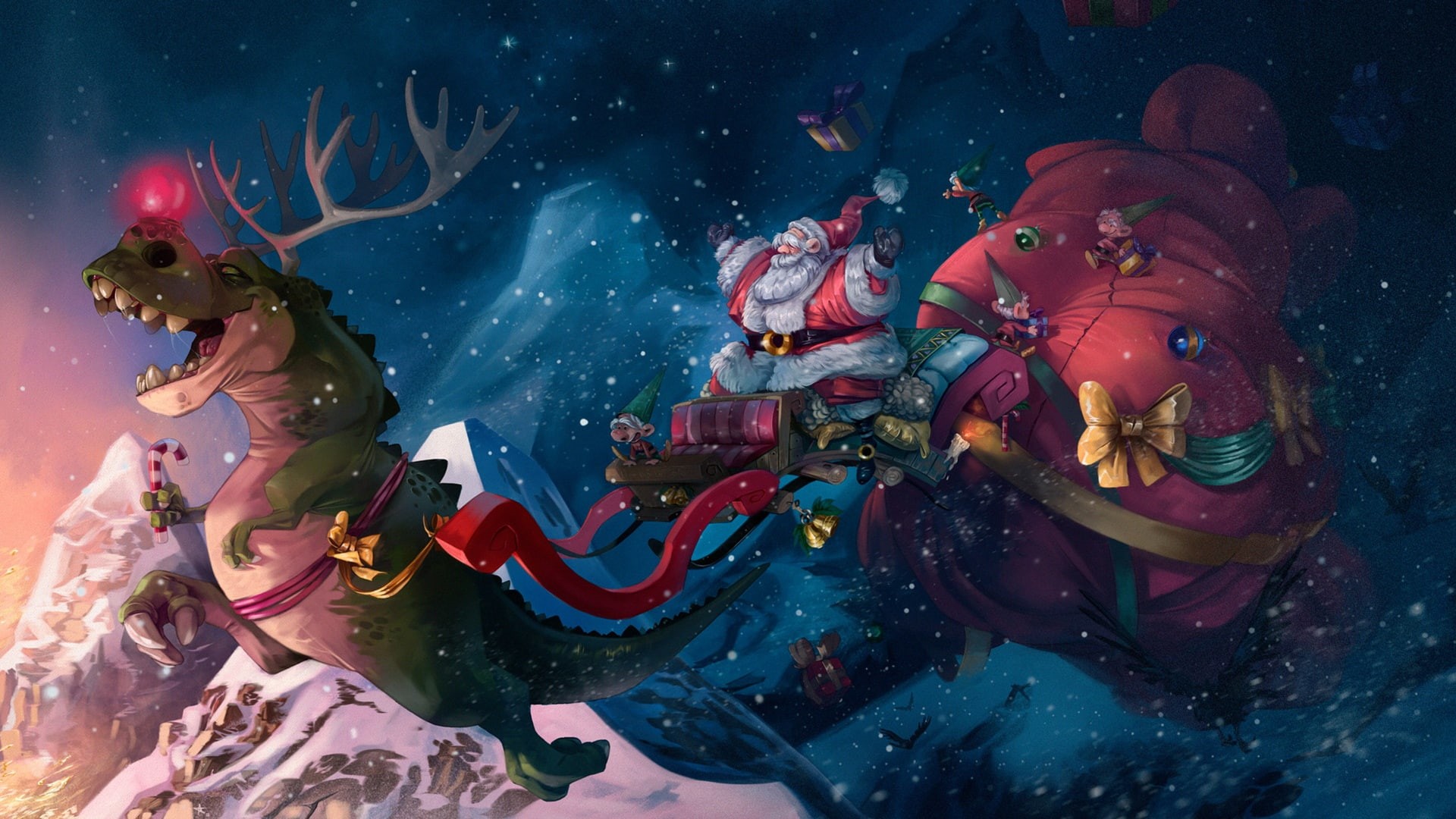 Tyrannosaurus Rex, Santa, Dinosaur, 1080P, Christmas, Holiday, HD Wallpaper