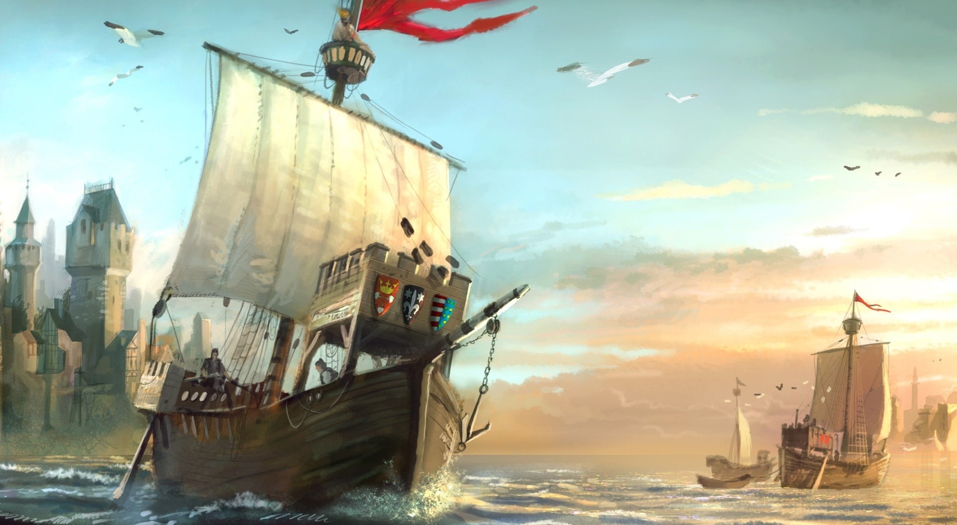 water, 1080P, Artwork, building exterior, flying, mode of transportation, Anno 1404, cloud - sky, illustration, architecture, bird, sky, moored, day, sea, HD Wallpaper