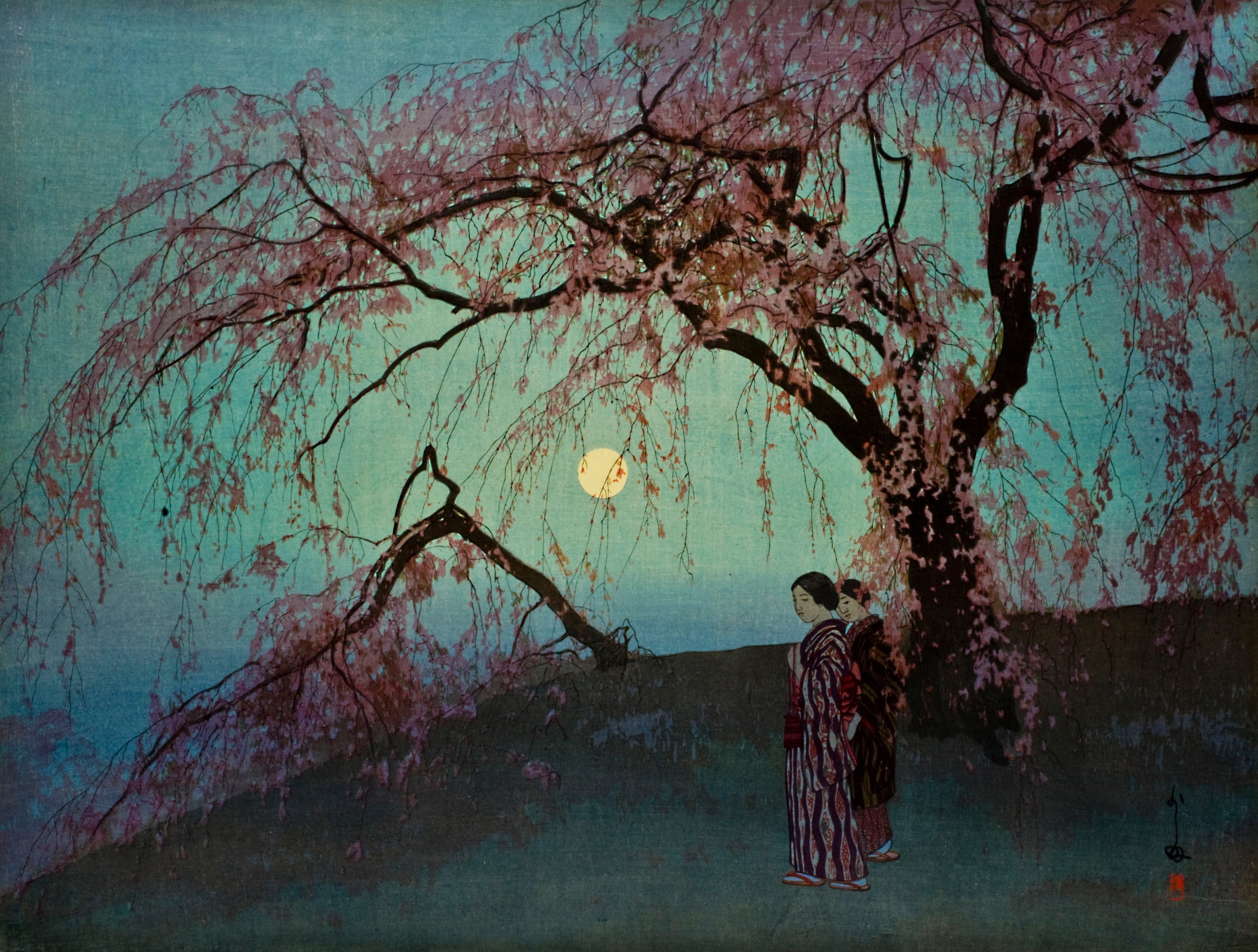 trees, women, painting, Yoshida Hiroshi, 4K, Japanese clothes, moonlight, Sakura blossom, Japanese Art, artwork, water, Ukiyo-e, HD Wallpaper
