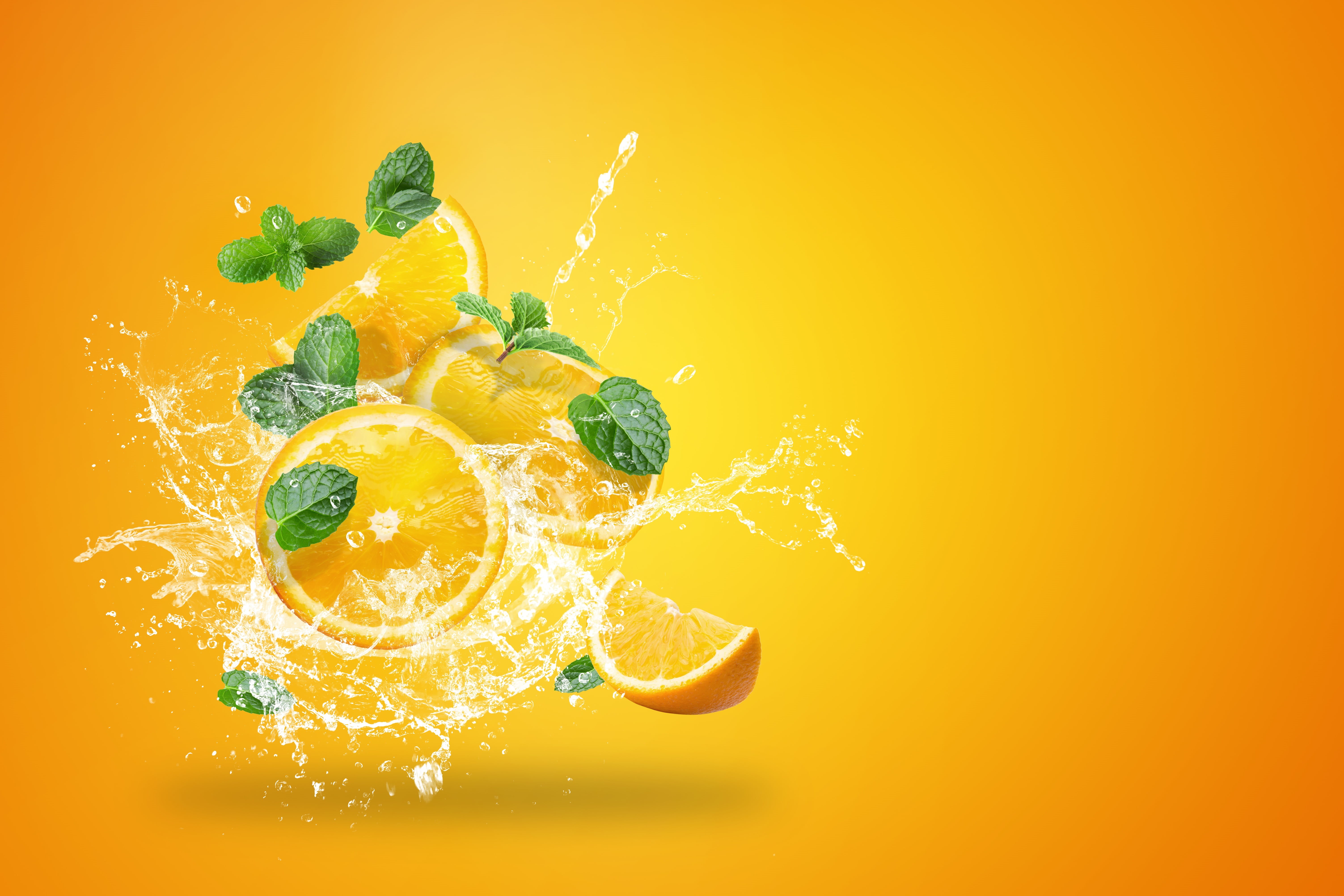 squirt, 5K, splash, water, yellow, oranges, citrus, background, HD Wallpaper