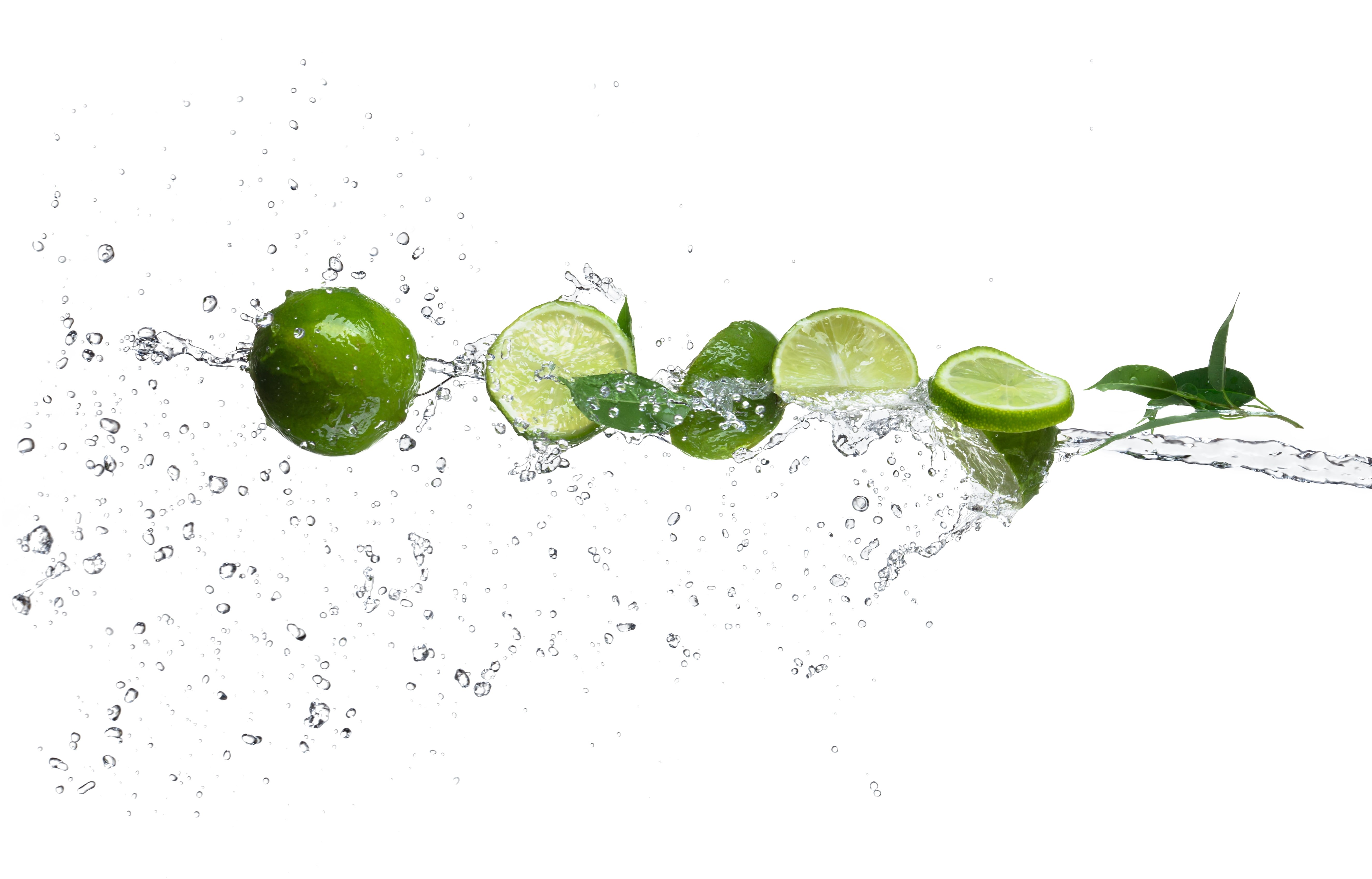 studio shot, white, drops, lemon, food, spray, transparent, white Background, lime, limes, drink, wave, backgrounds, green Color, freshness, macro, citrus, HD Wallpaper