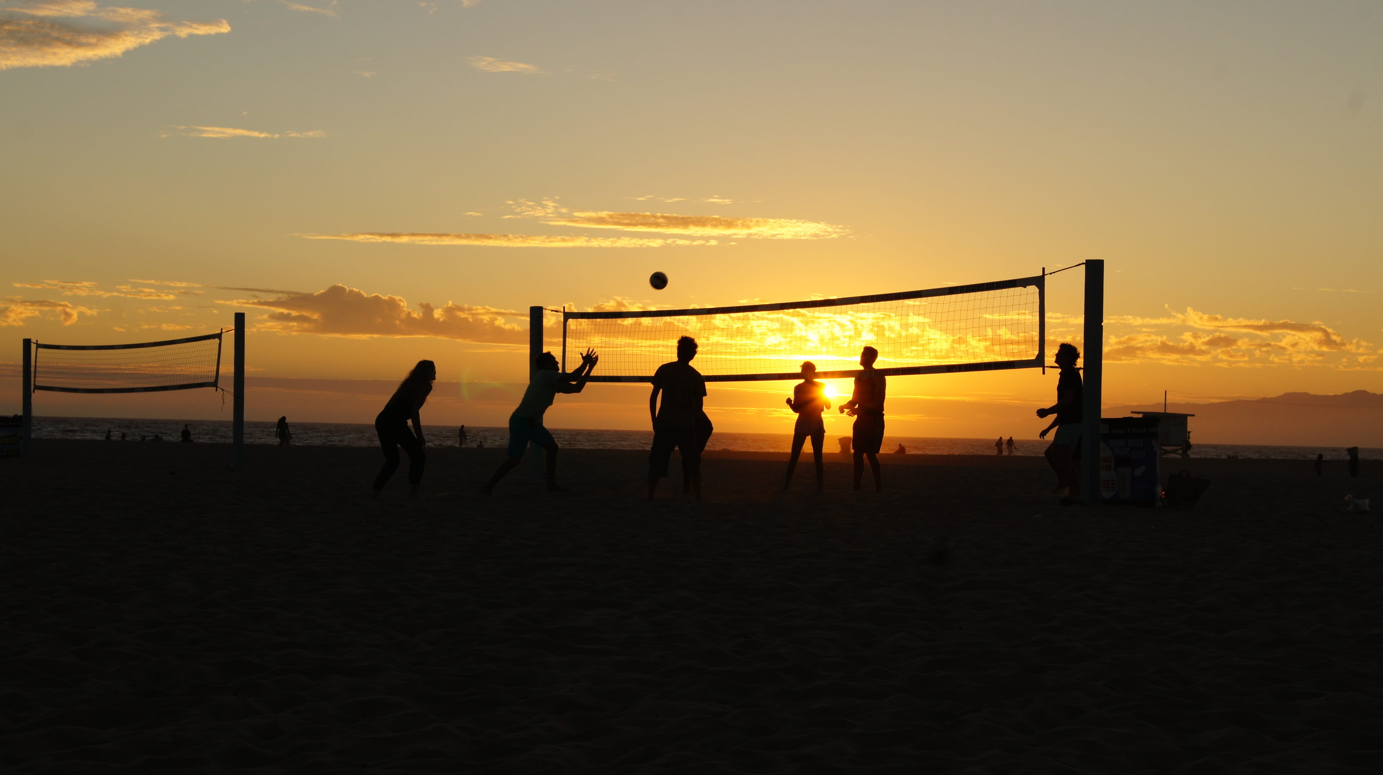 lifestyles, los angeles, group of people, nature, beach, beauty in nature, leisure activity, playing, men, 4K, silhouette, sea, sport, net - sports equipment, HD Wallpaper