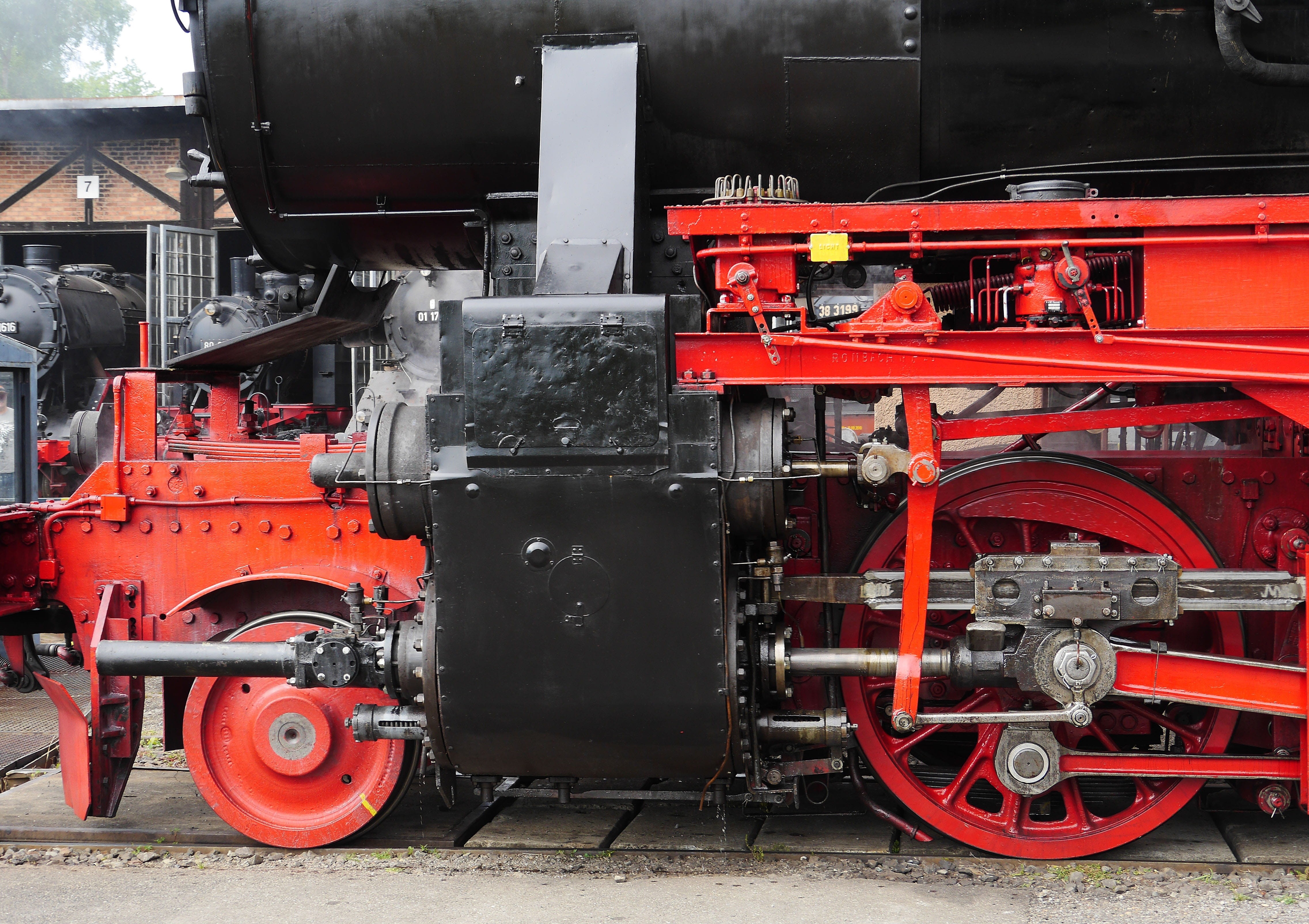 steam locomotive, disc wheel, spoke wheel, slide box, public transportation, piston rod, track, wheel, railway, br 52, drive rod, land vehicle, control, HD Wallpaper