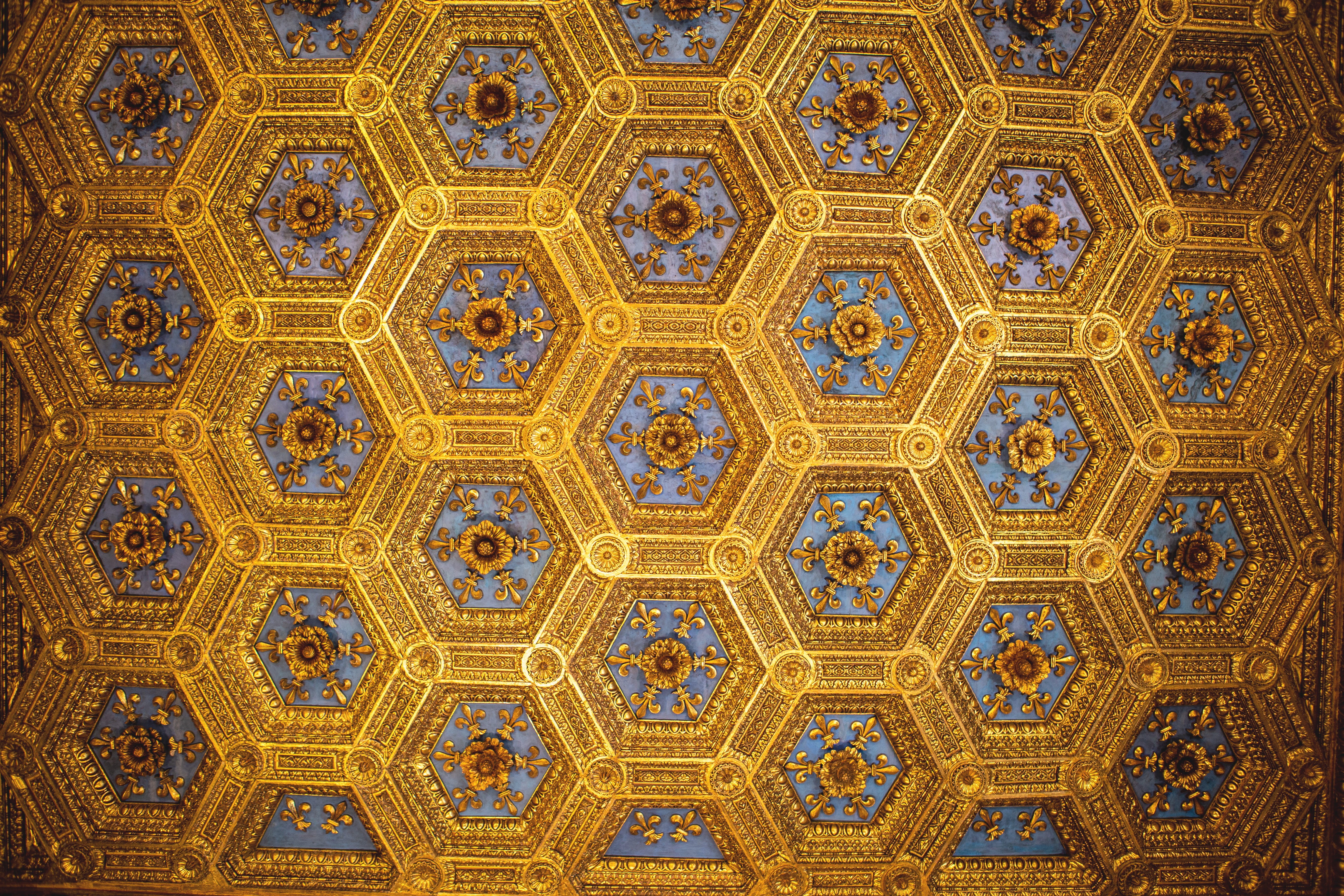 backgrounds, full frame, directly below, vault ceiling, geometric, intricacy, indoors, wall - building feature, yellow, art, decoration, blue, pattern, HD Wallpaper