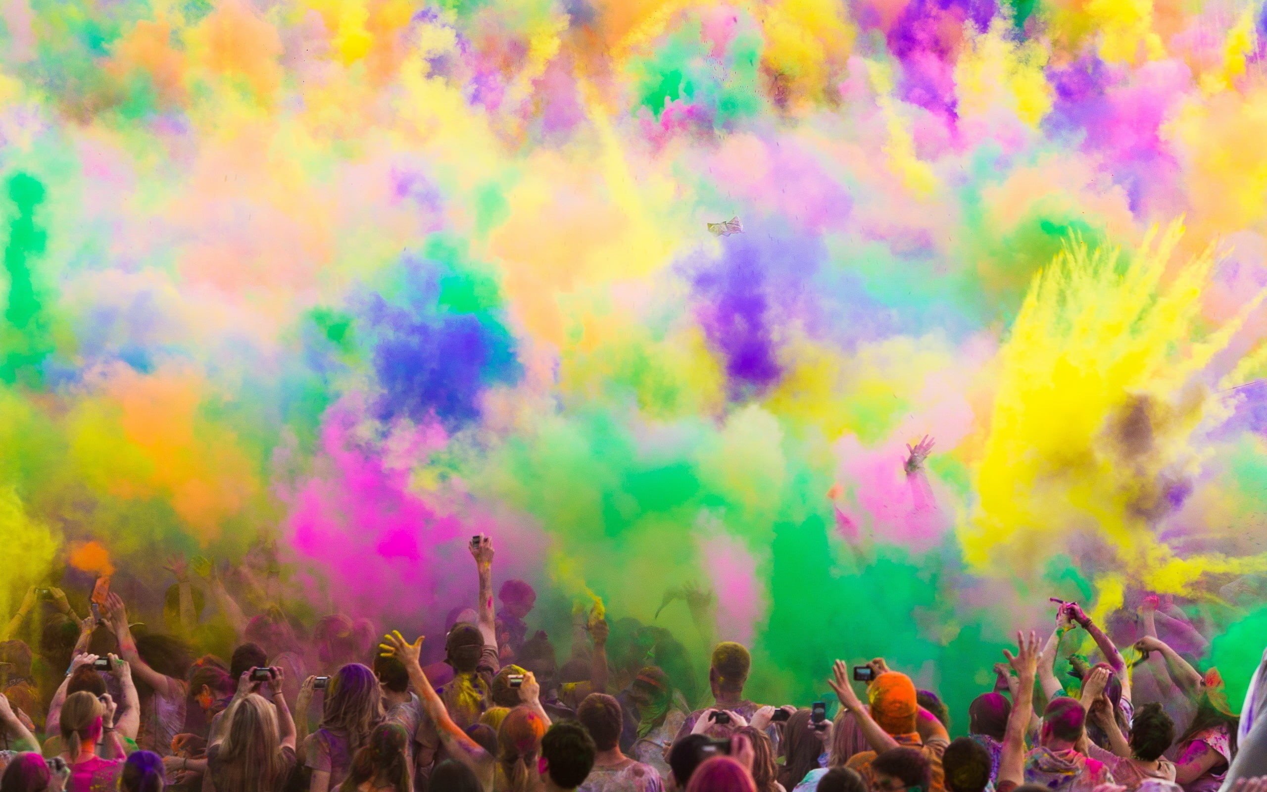 human limb, happiness, hand raised, colorful, group of people, arms raised, Holi, crowd, colored, enjoyment, multi colored, real people, excitement, celebrate, HD Wallpaper