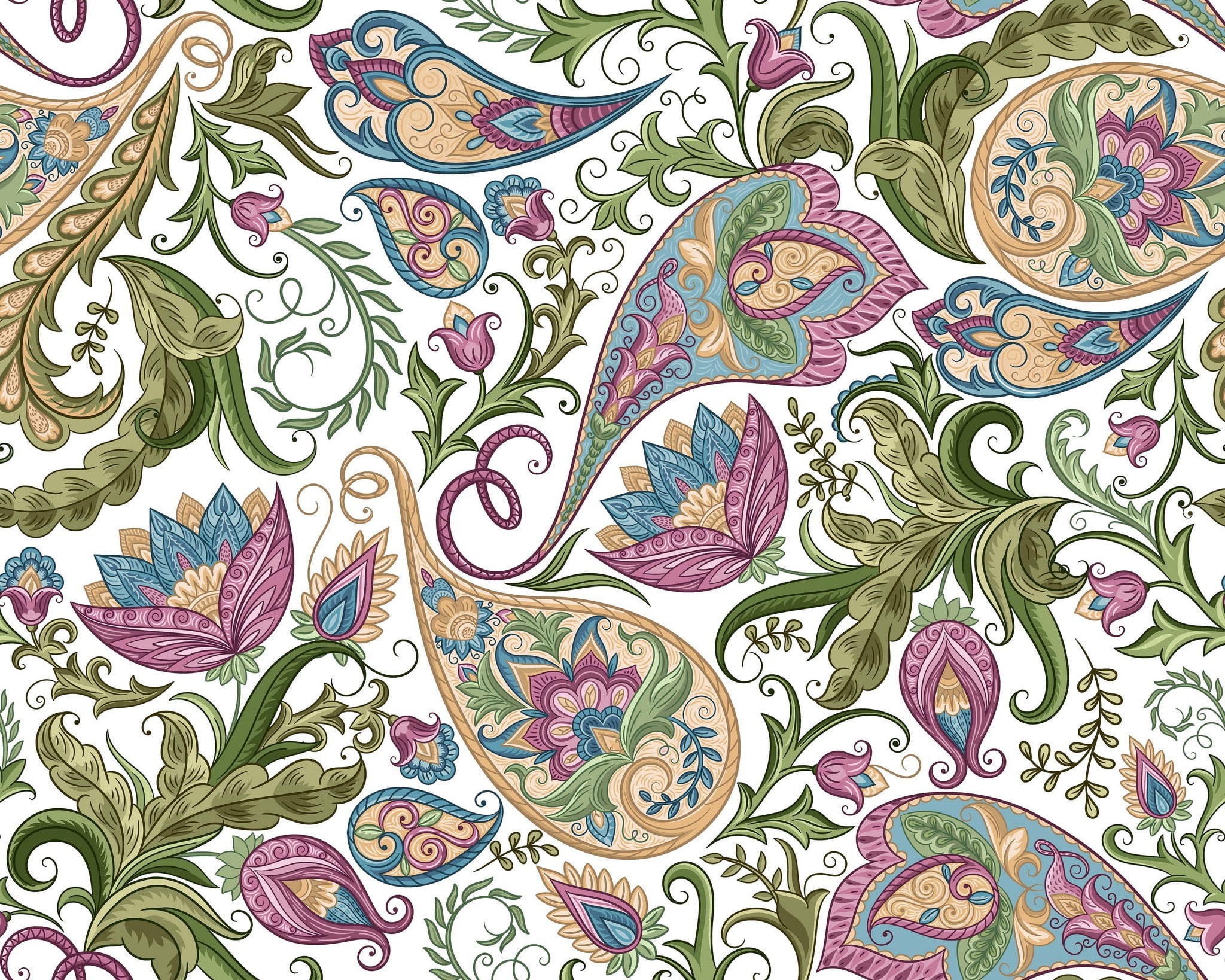 floral, flowers, pattern, Paisley, seamless, background, 1080P, texture, design, white background, HD Wallpaper
