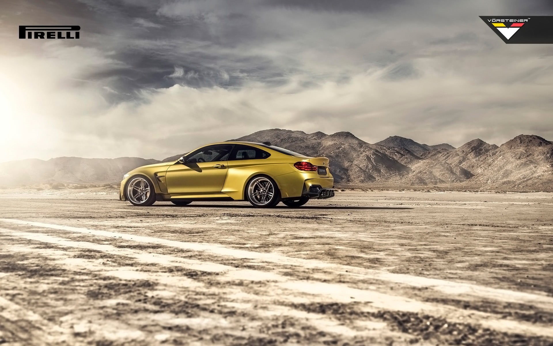 speed, land vehicle, BMW M4, no people, cloud - sky, yellow, motion, 1080P, motor vehicle, BMW, Vorsteiner, nature, outdoors, coupe, sky, mountain, mode of transportation, HD Wallpaper