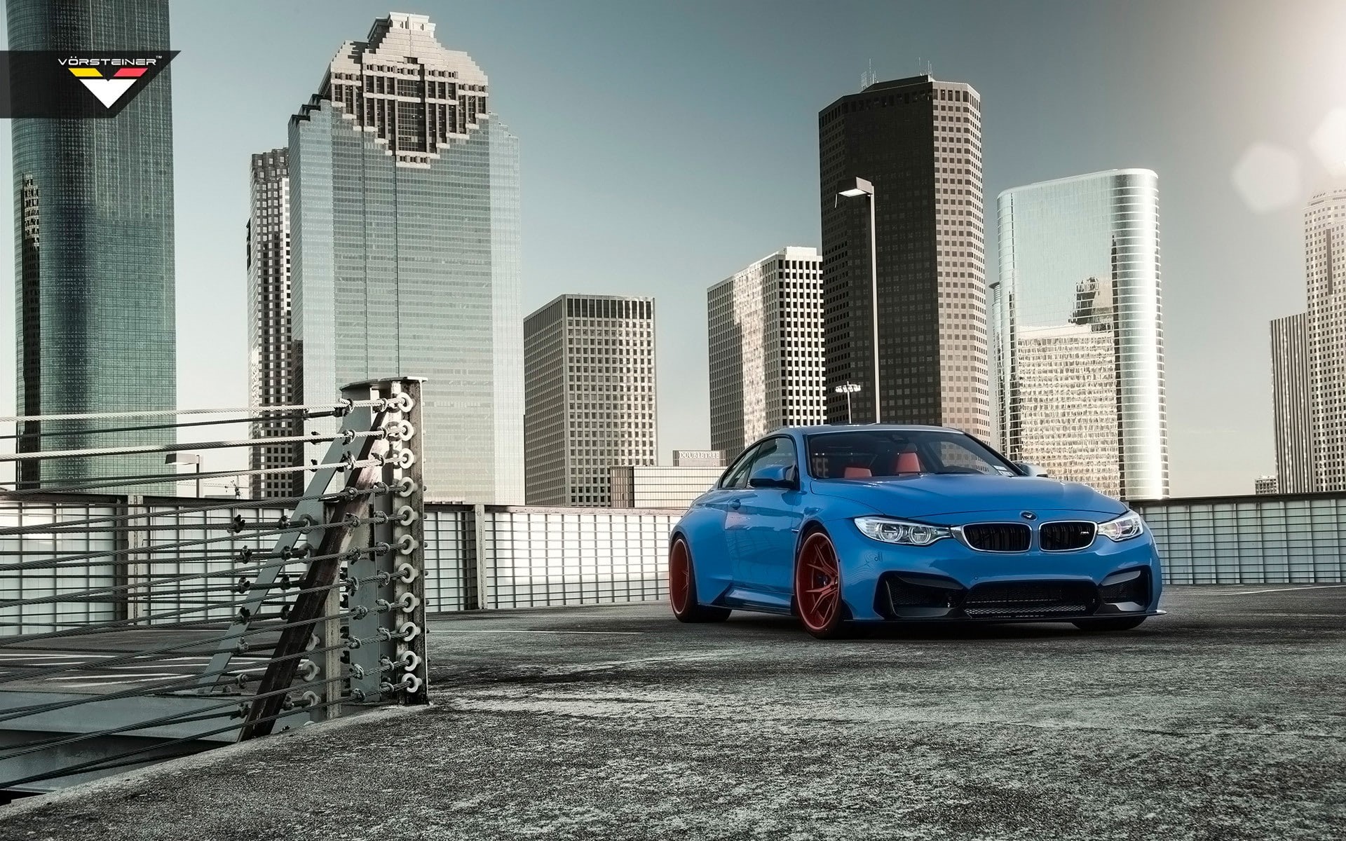 street, motor vehicle, modern, shadow, nature, blue, building exterior, Vorsteiner, BMW, building, day, sky, skyscraper, BMW M4 GTRS4, city, blue cars, HD Wallpaper