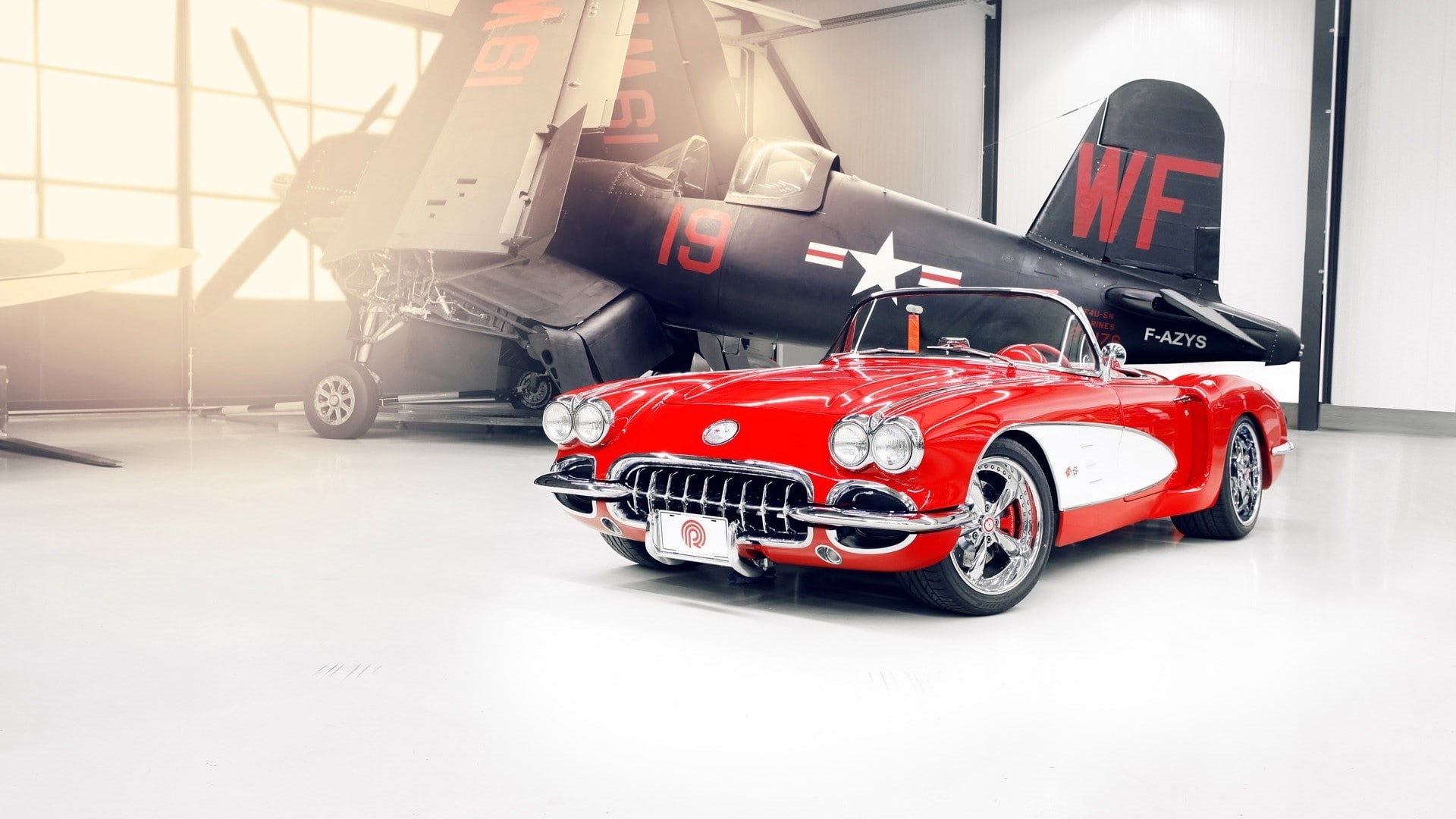 Vought F4U Corsair, Chevrolet Corvette C1, Chevrolet, red cars, car, airplane, Oldtimer, vehicle, 1080P, HD Wallpaper