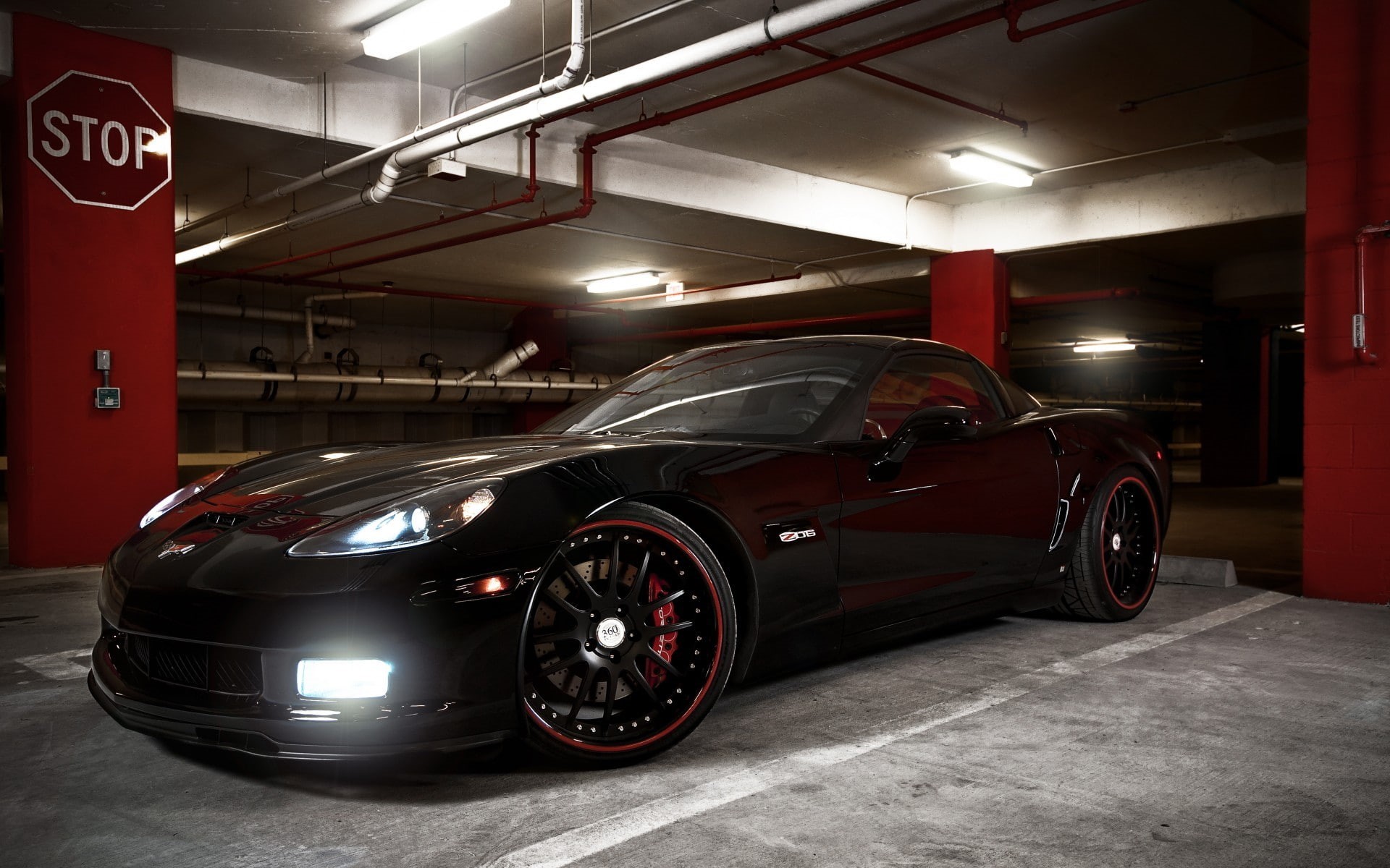 red, stationary, Corvette, Z06, luxury, illuminated, transportation, parking garage, night, 1080P, shiny, Chevrolet, motor vehicle, architecture, car, HD Wallpaper