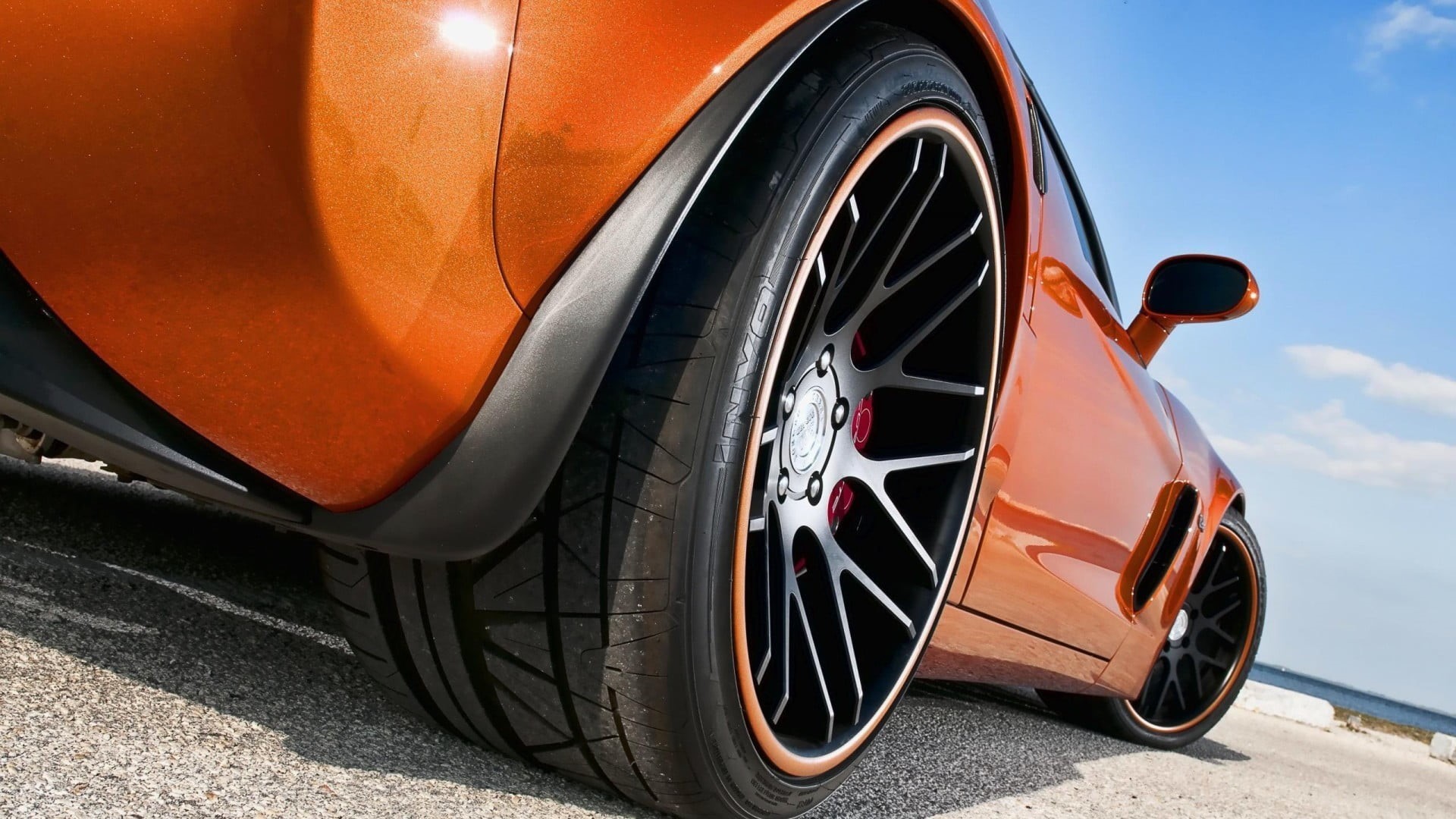 motor vehicle, travel, tire, no people, 1080P, metal, orange color, sunlight, nature, sky, mode of transportation, Chevrolet Corvette, orange, transportation, HD Wallpaper