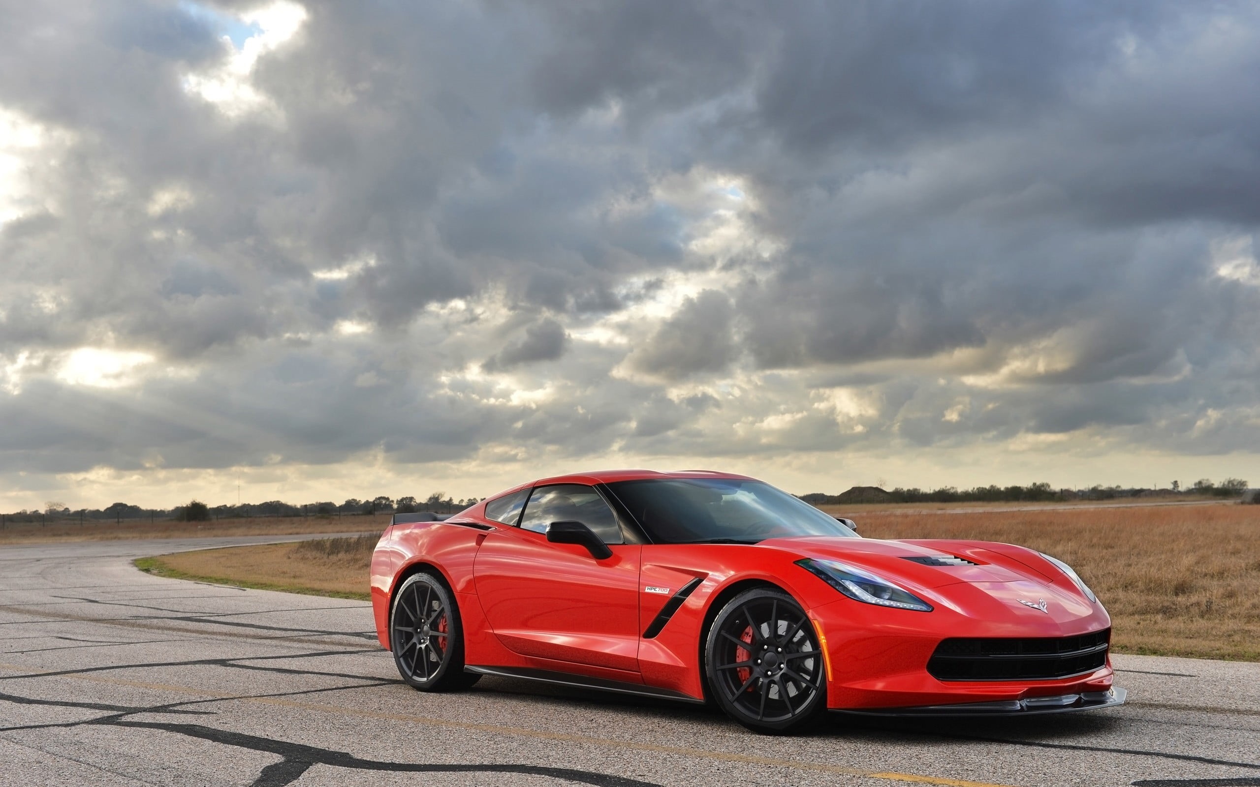 road, mode of transportation, Corvette C7, road trip, luxury, 2K, car, land vehicle, landscape, outdoors, coupe, speed, day, wealth, sunlight, cloud - sky, HD Wallpaper