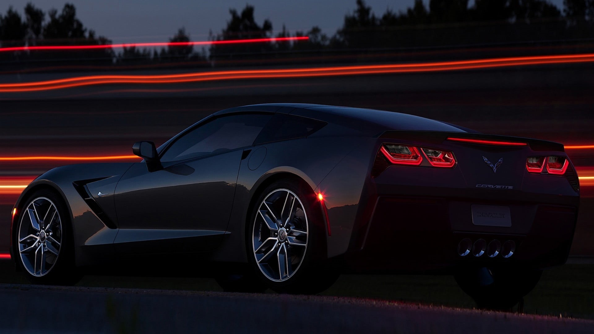 transportation, land vehicle, street, car, black, light trail, no people, sign, coupe, Corvette, outdoors, mode of transportation, blurred motion, 1080P, HD Wallpaper