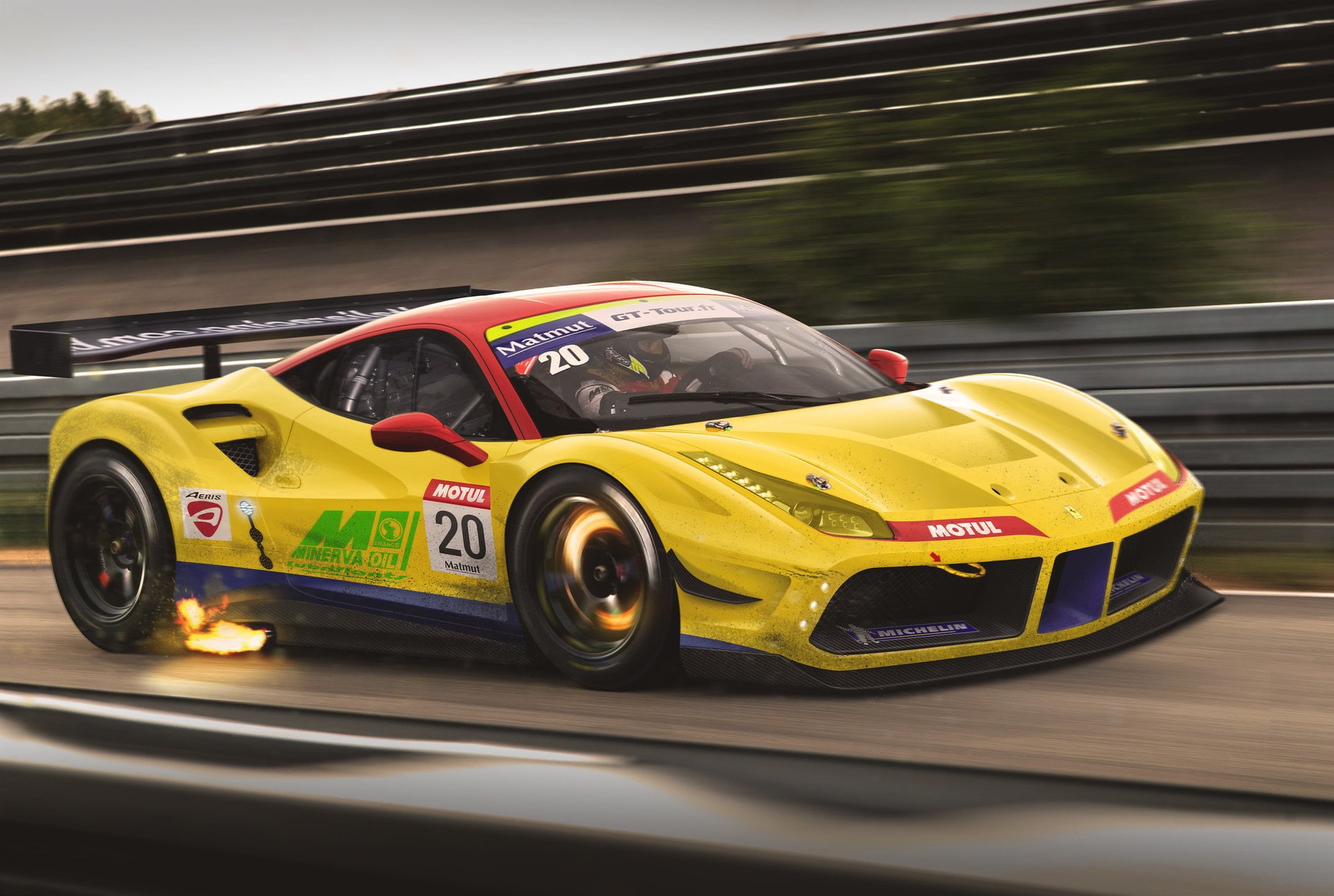 motor racing track, Yellow, wheel, GTB, auto racing, transportation, day, outdoors, motor vehicle, mode of transportation, motion, red, 1080P, sports car, HD Wallpaper