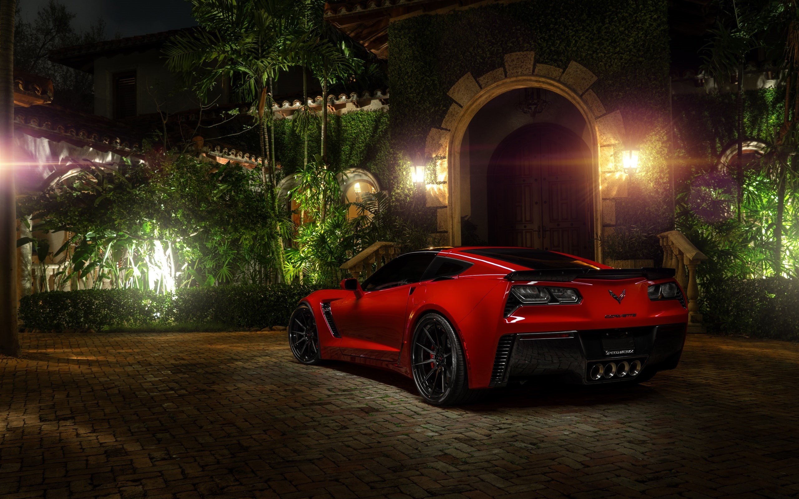 Night, sports, coupe, Chevrolet, c, Red, 2K, Lights, Corvette, Supercar, z, HD Wallpaper