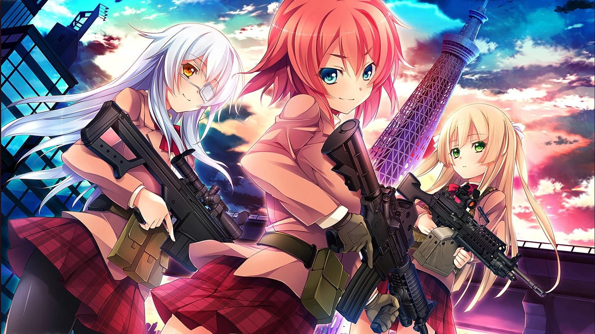 choice, anime girls, clouds, skirt, variation, Innocent Bullet, festival, gun, creativity, weapon, no people, long hair, visual novel, art and craft, redhead, HD Wallpaper